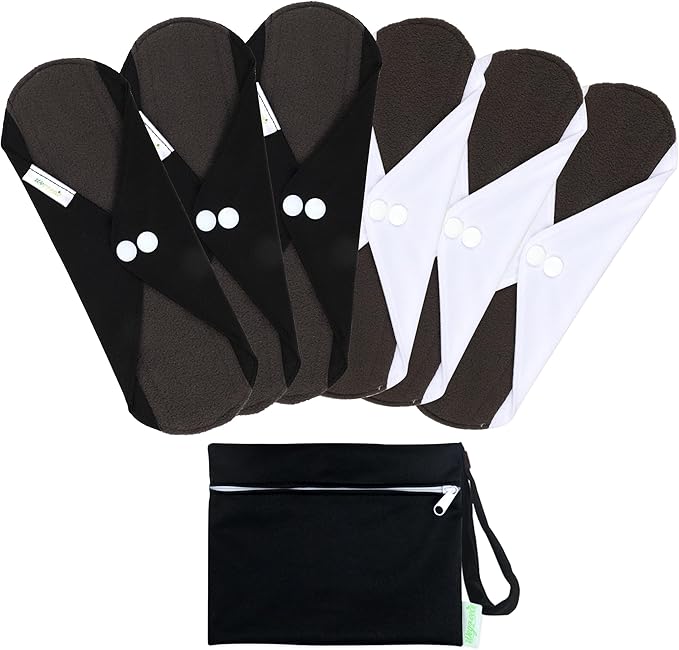Wegreeco Reusable Menstrual Pads - Soft Cloth Sanitary Pads & Panty Liners - 6 Pack with 1 Cloth Mini Wet Bag (Small, Black, White)