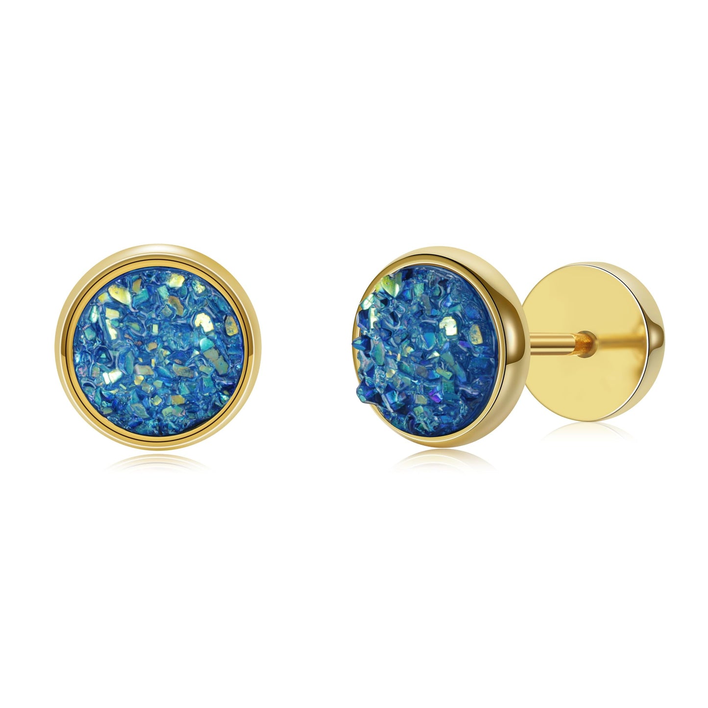 Women Men Flat Back Stud Earrings Non-Nickel Crystal Stone Earrings Titanium Stainless Steel Hypoallergenic Cartilage Earrings Stud for Sensitive Ears(Blue-gold)