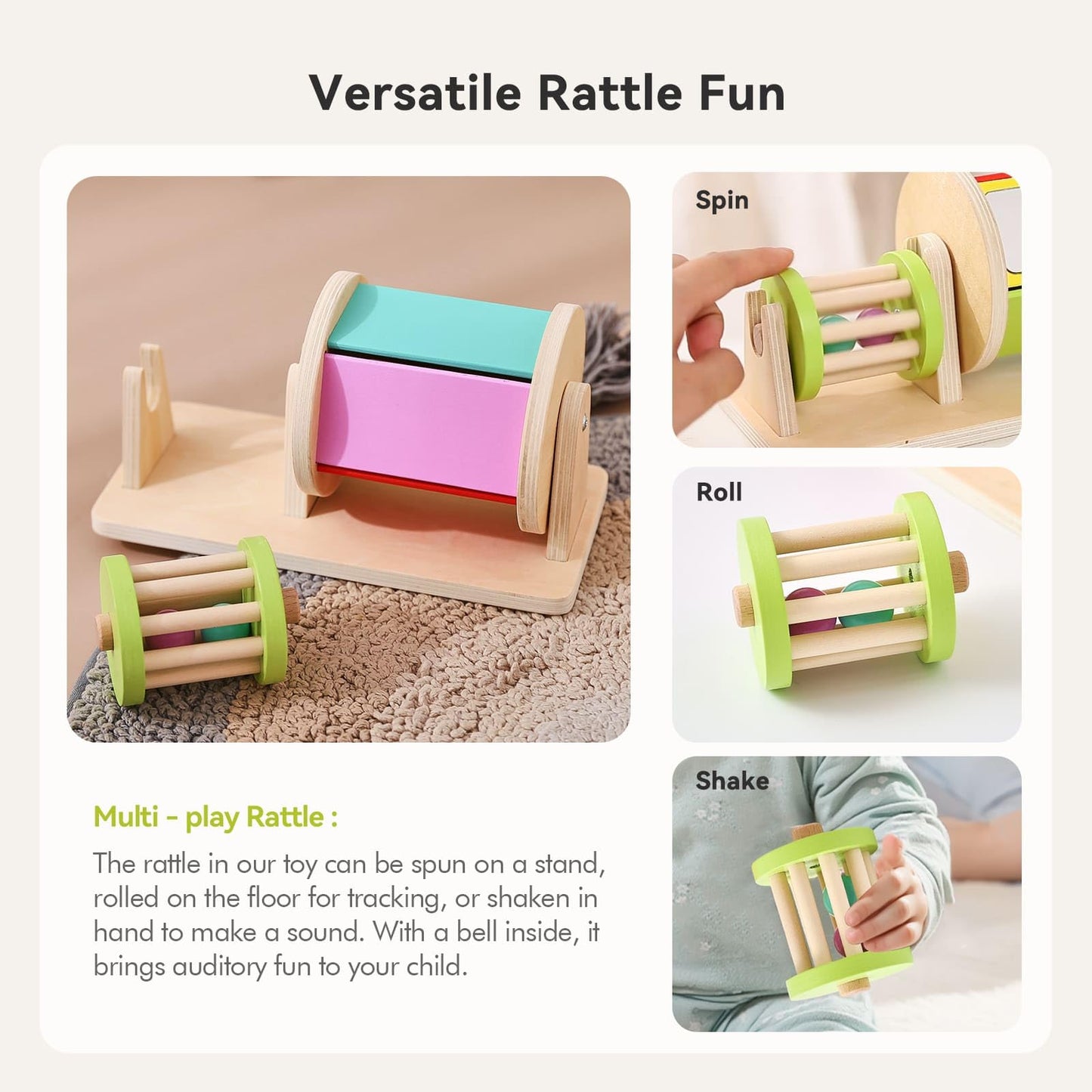 IEATFO Tummy Time Toys with Large Baby Mirror, Rain Stick Sensory Sound Training, Spinning Drum & Rolling Rattele
