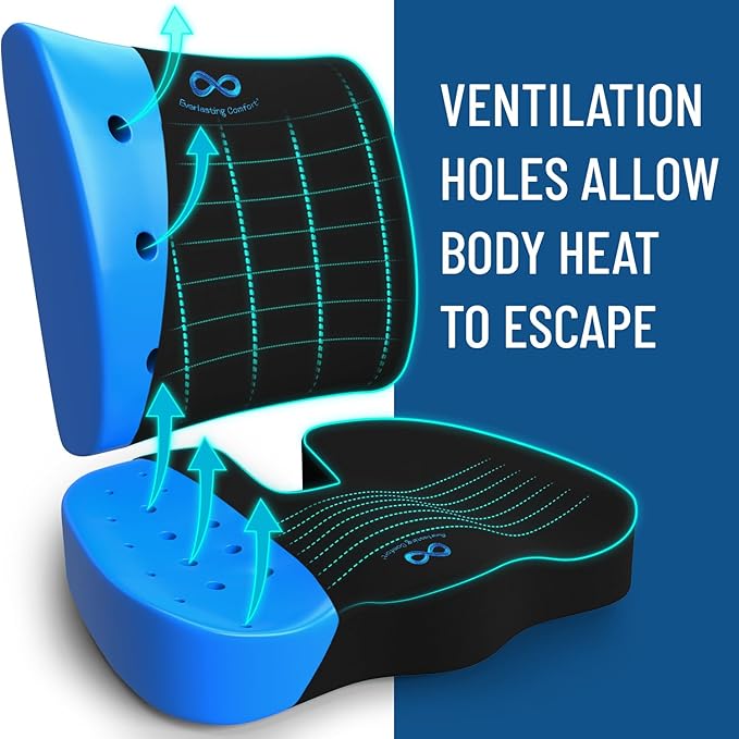 Everlasting Comfort Gel Infused Memory Foam Car Seat Cushion & Lumbar Pillow Combo for Tailbone Pain, Sciatica, Sitting Fatigue - Booster Seat for Adults - Ergonomic Car Seat Cushions for Driving