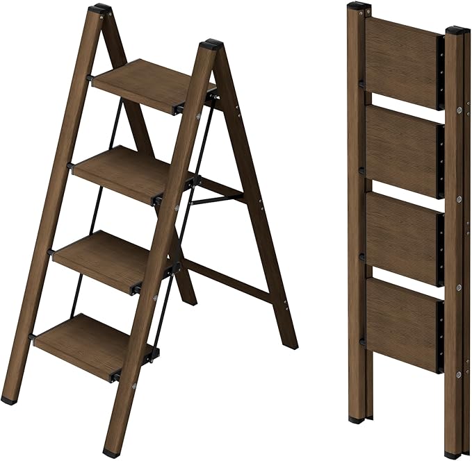 Taranta 4 Step Ladder,Aluminum Lightweight Folding 4 Step Stool with Anti-Slip Wide Pedal,330lbs Capacity Step Ladder for Household,Kitchen,Office - Walnut