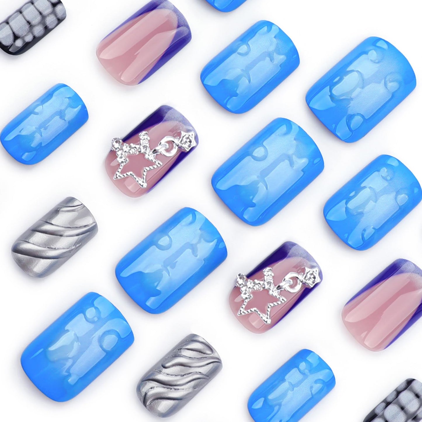 3D Press On Nails - Short Square Metal Stars Chain Design False Nails - Full Cover Blue Smudge Artificial Acrylic Coffin Nails - Reusable Glue On DIY Stick On Nails for Women - 24 Pcs