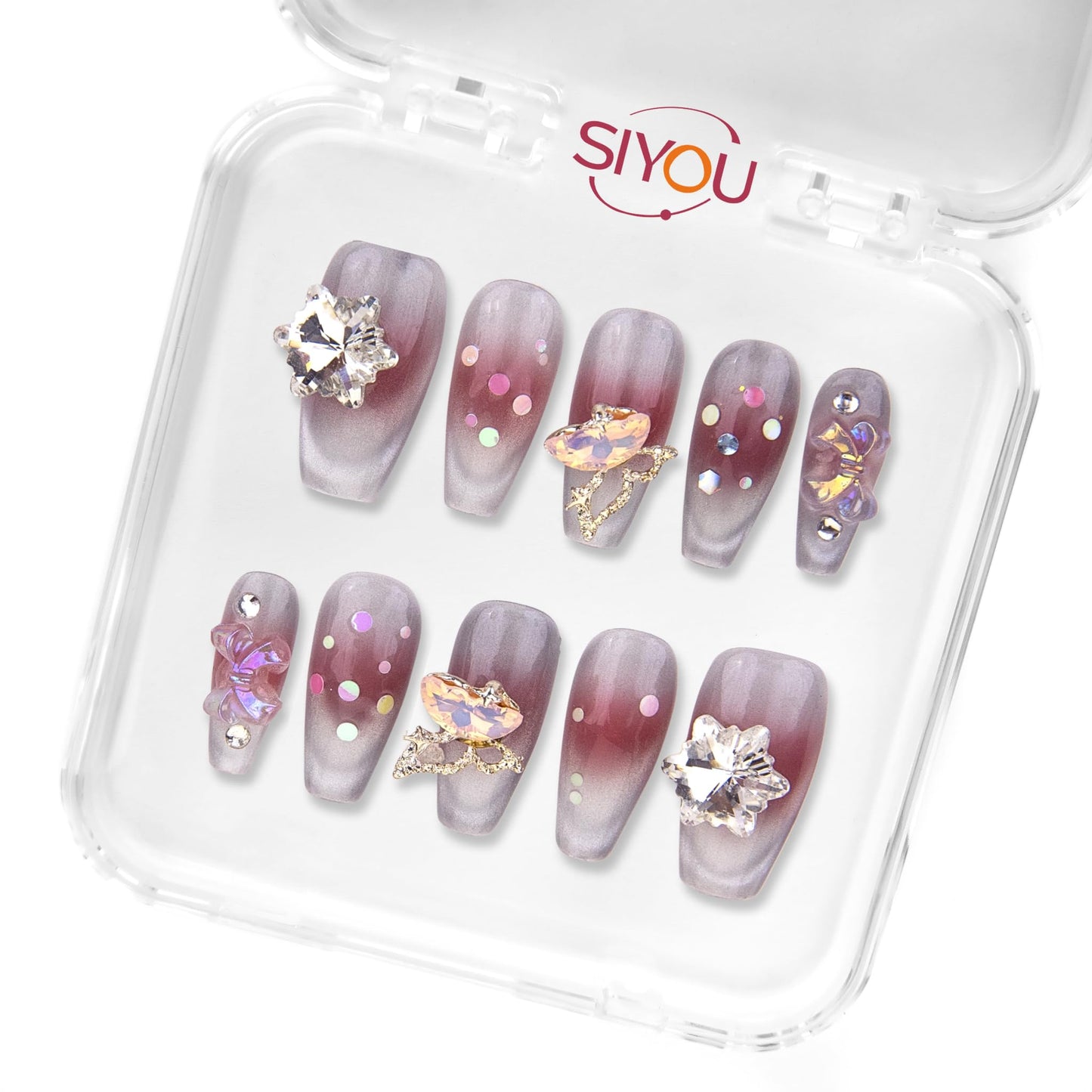 SIYOU Beauty | Magical Butterfly | Grey and Purple Butterfly Medium Coffin Press On Nails for Women (Small) - Reusable, Salon-Quality Fake Nails (10pc)