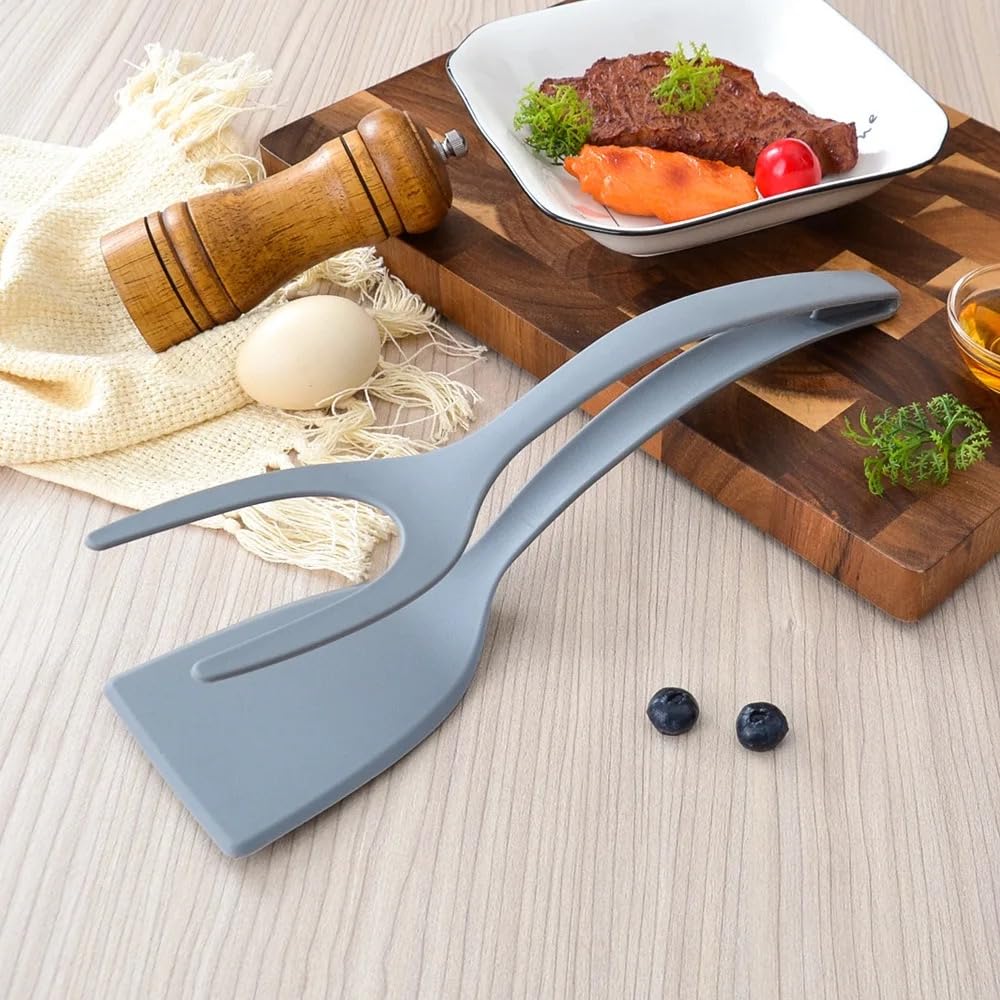 Generic 3 Colors (Grey,Black,Red) 2 in 1 Spatula and Tongs for Coking Turne,Egg Omelette Spatula Flipper,Fish tong, Pacake spatula, Combo Thin Head,Useful Kitchen Accessories (Grey), Medium, Gray