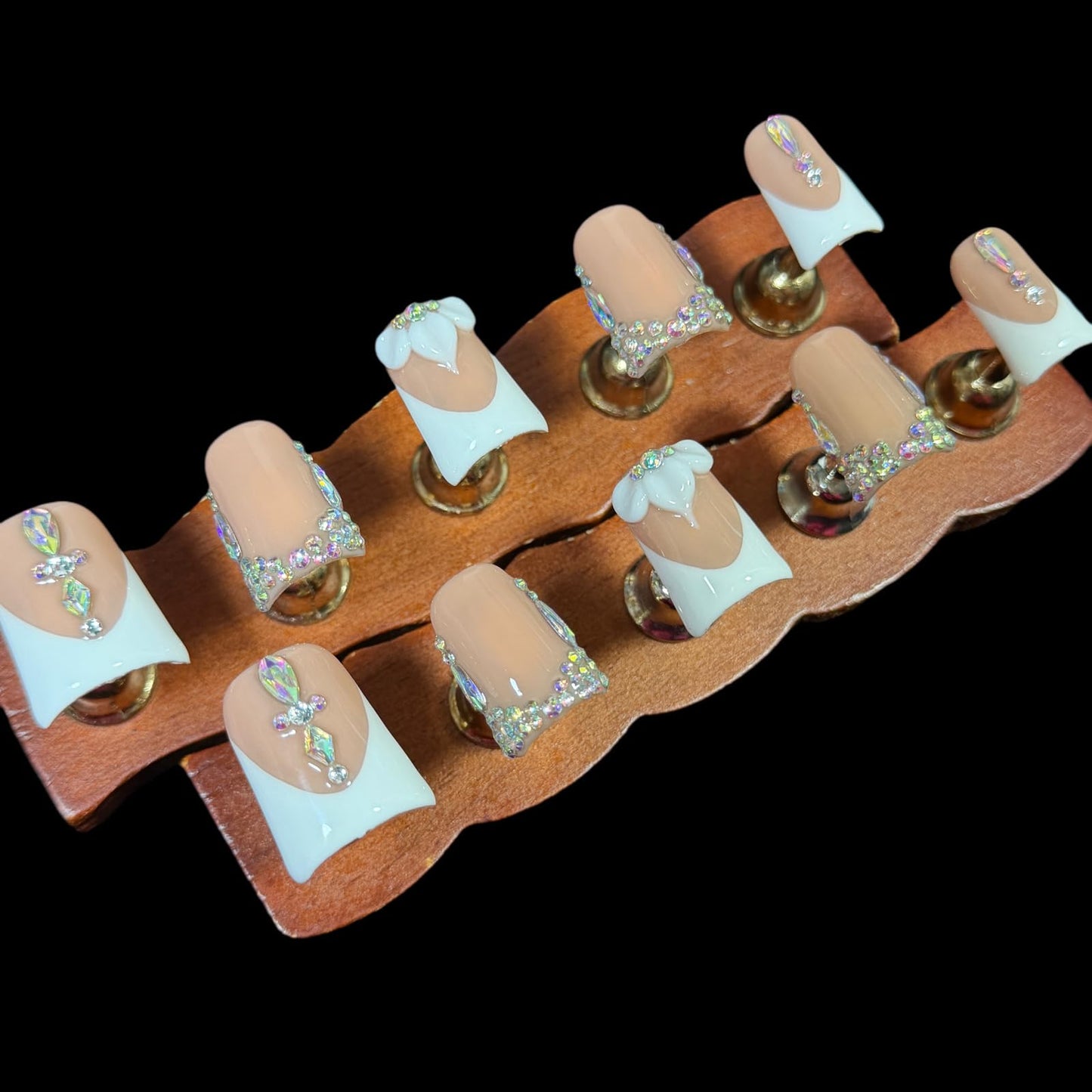Handmade Press On Nails, Short Medium Duck Shape, Nude White French Tip with 3D Flower and Crystal Rhinestones, Luxury Glue On Fake Nails (M)