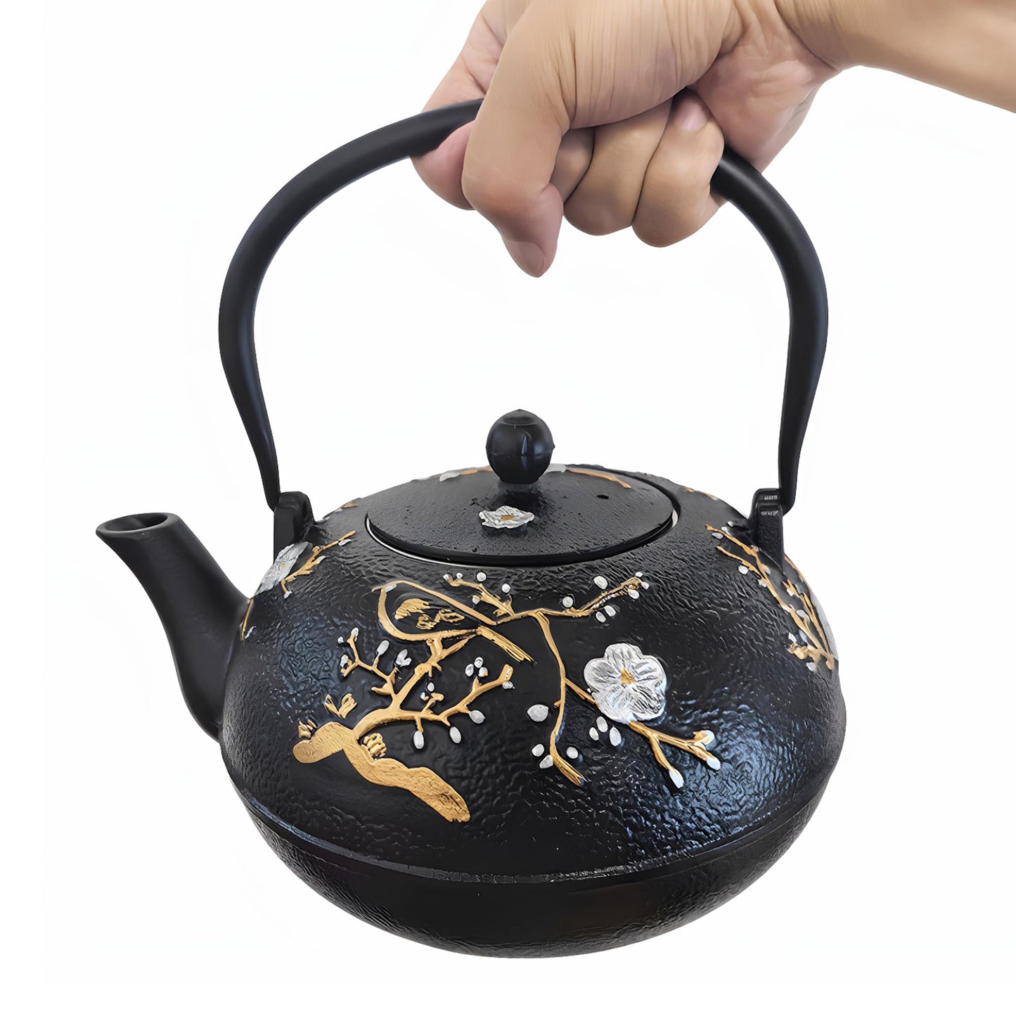 Cast Iron Teapot SECHUDO Teapot for Stovetop Safe Coated with Enameled Interior,Japanese Beautiful Tea Kettle with Stainless Steel Infuser for Loose Tea (60.9oz Plum Blossoms and Bird Pattern)
