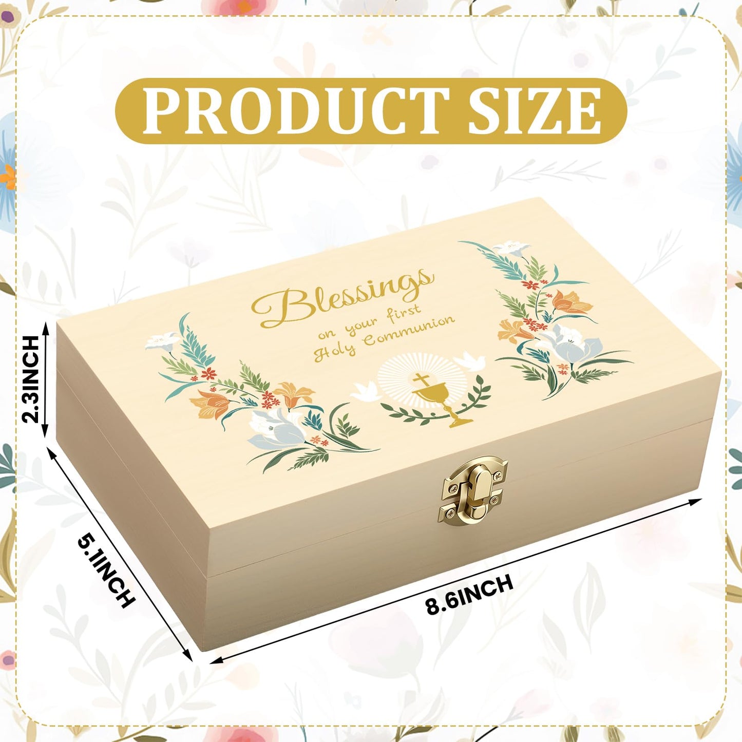 CroBlissful First Communion Wooden Box Keepsake Baptism Memory Box Gift 8.6 x 5.1 x 2.4 Inches First Holy Communion Jewelry Storage for Baptism Memory Keepsake(Floral)