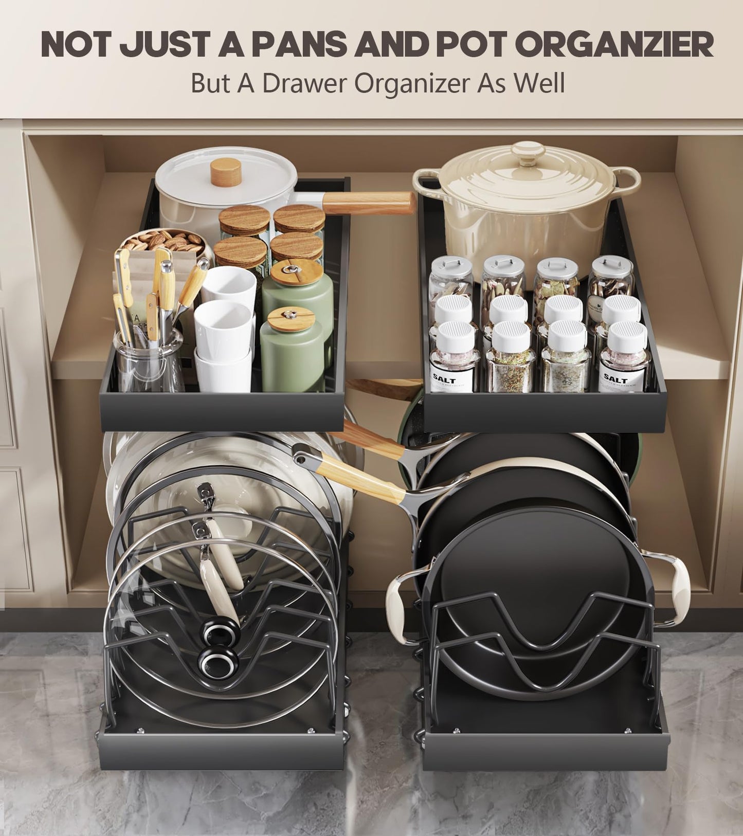 Lozovin Pull Out Pots and Pans Organizer Under Cabinet, Sliding Lid Holder and Pan Rack in Kitchen, Slide Out Inside Cabinet Storage for Pot Lid, Bakeware, Dishes, 8 Adjustable Dividers, 2 Pack Black