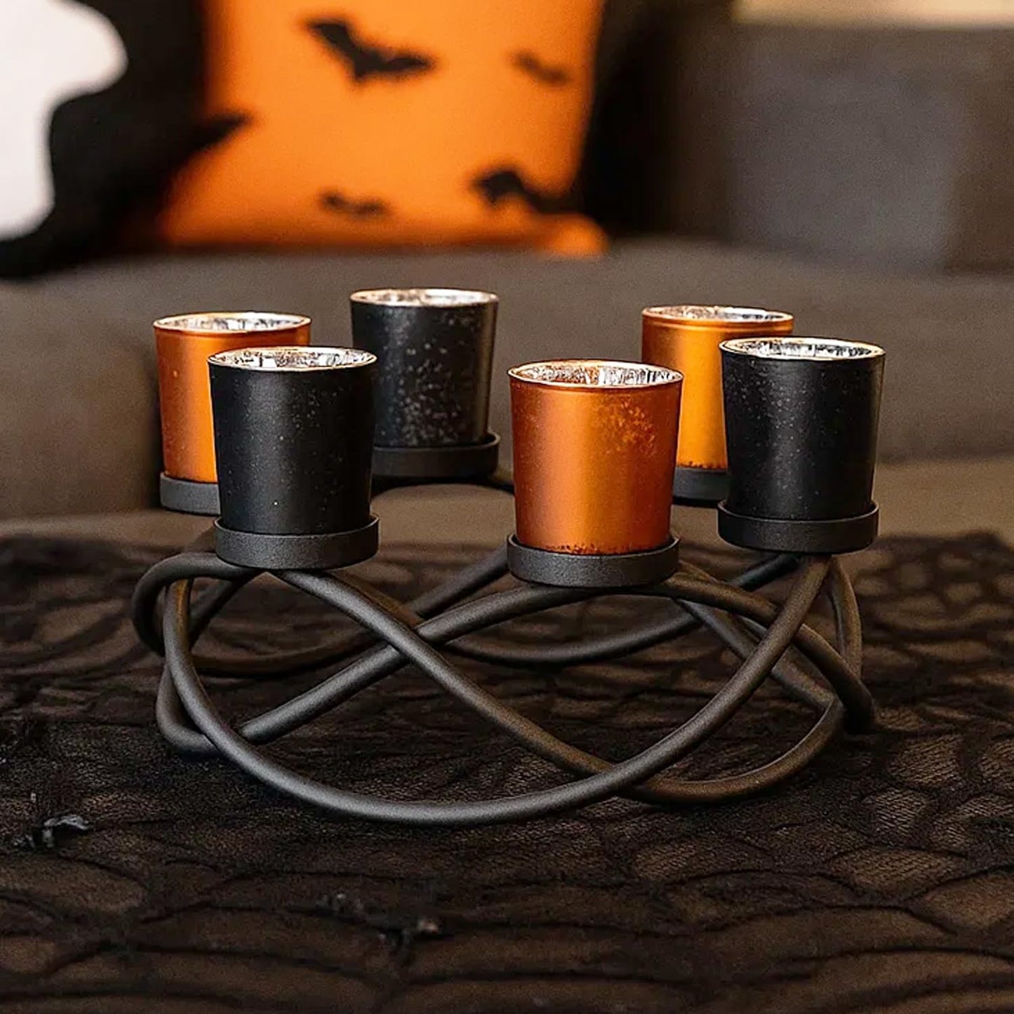 Seraphic Halloween Centerpiece Table Decor Candle Holder for Kitchen, Dining Room, and Coffee Tables, Glass Votive Tealight Holders, Black, 6 Black/Orange Cups