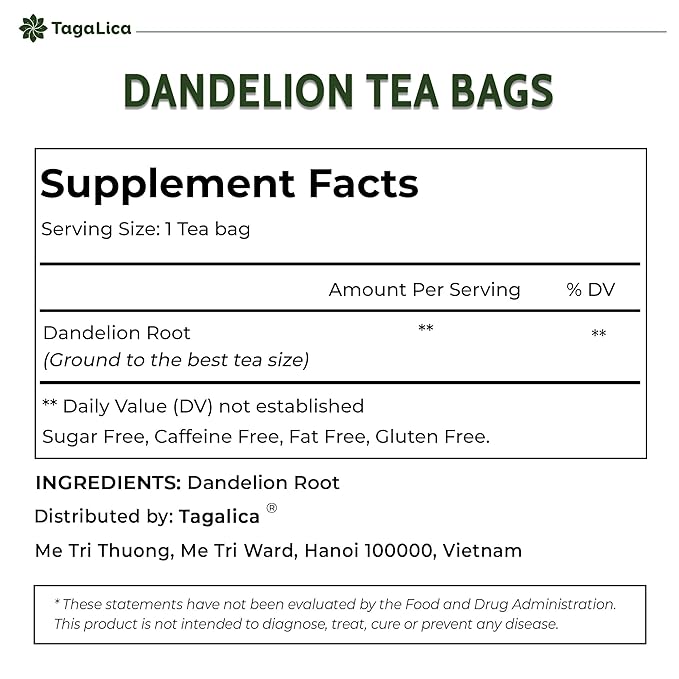 Tagalica, Premium 135 Dandelion Root Tea Bags, 100% Natural & Pure from Dandelion Root, Eco-Conscious Tea Bags, Herbal Tea. No Sugar, No Caffeine, No Gluten, Vegan