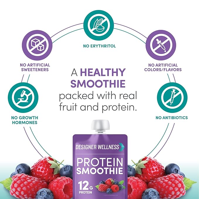 Designer Wellness Protein Smoothie, Real Fruit, 12g Protein, Low Carb, Zero Added Sugar, Gluten-Free, Non-GMO, No Artificial Colors or Flavors, Mixed Berry, 24 Count