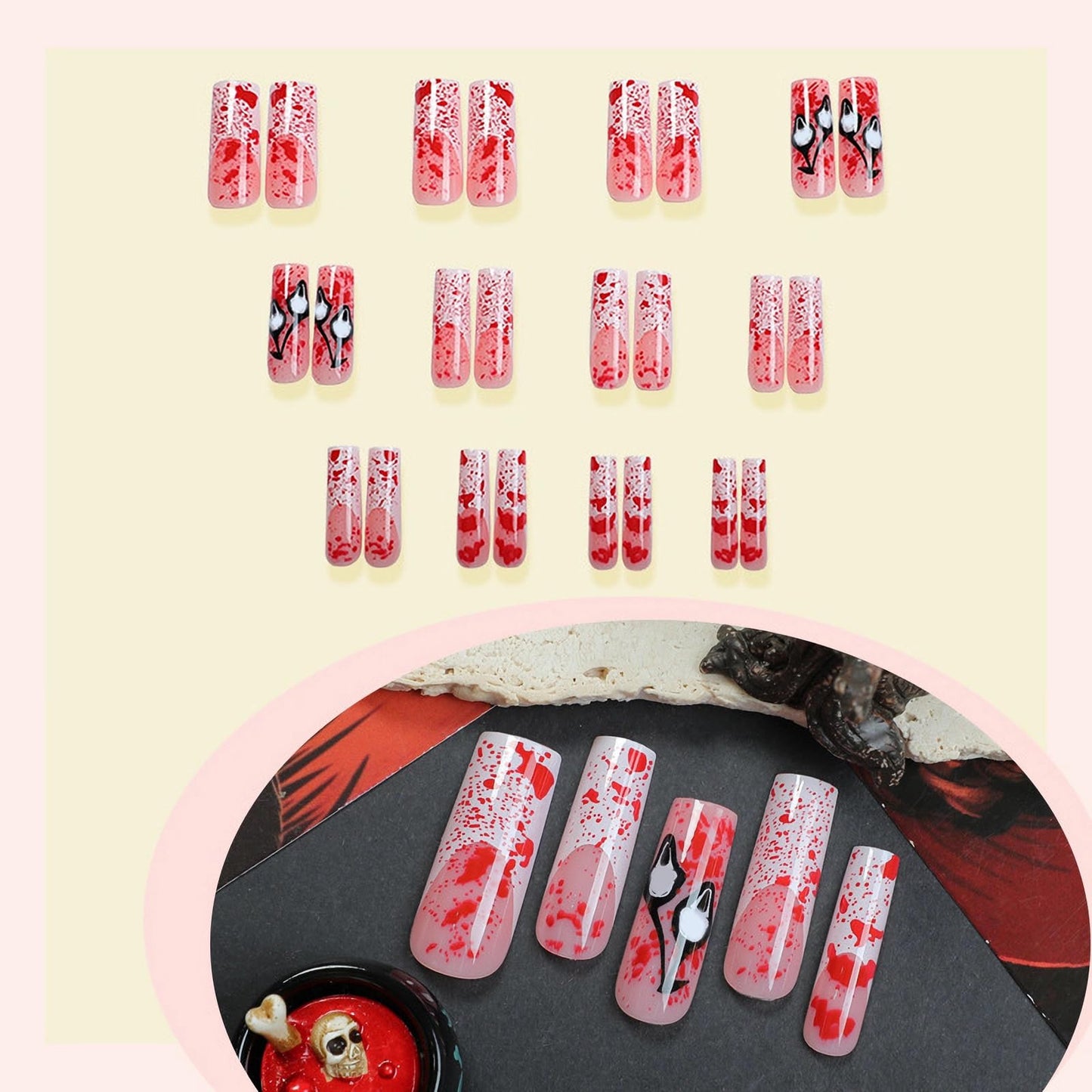 MISUD Press on Nails - Long Square Fake Nails with Goth Blood, Acrylic Gothic Ghost Design 24 pcs
