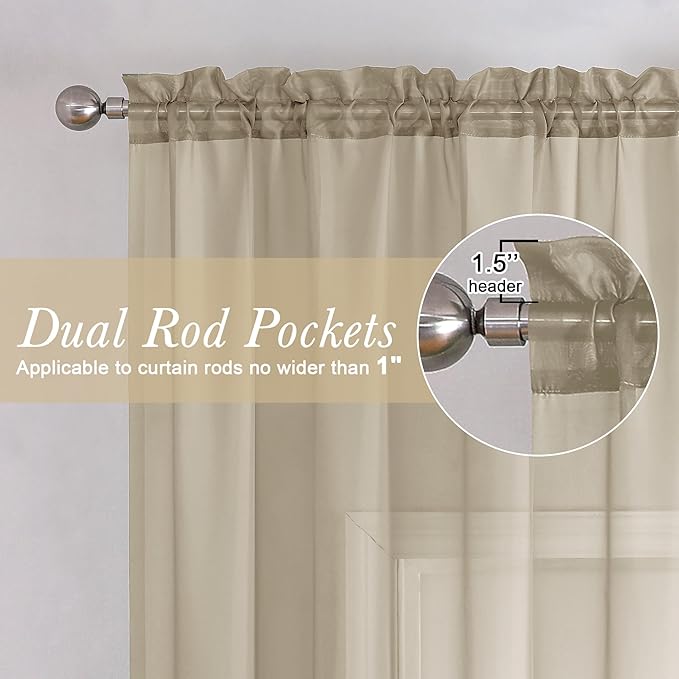Lecloud Taupe Sheer Curtains 63 Inch Length 2 Panels, Airy & Breathable Solid Voile Tan Bedroom Drapes with Dual Rod Pockets, Gauzy Farmhouse Living Room Window Treatments, 40" W x 63" L