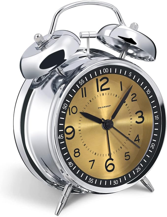 Peakeep Loud Alarm Clock for Heavy Sleepers Adults, Metal 4.5 Inches | Twin Bell Battery Operated Analog Alarm Clocks for Bedrooms Kids' Room Decoration (Golden)