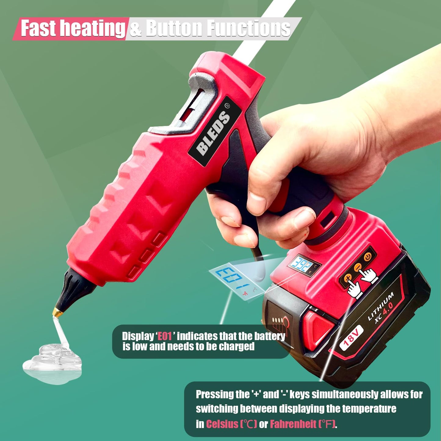 BLEDS 100W Cordless Glue Gun for Milwaukee 18V Battery, LED Digital Temperature Adjustable 212-392°F, High Output Handheld Power Full Size Heavy Duty Hot Glue Gun with 10 Glue Sticks (Tool only)