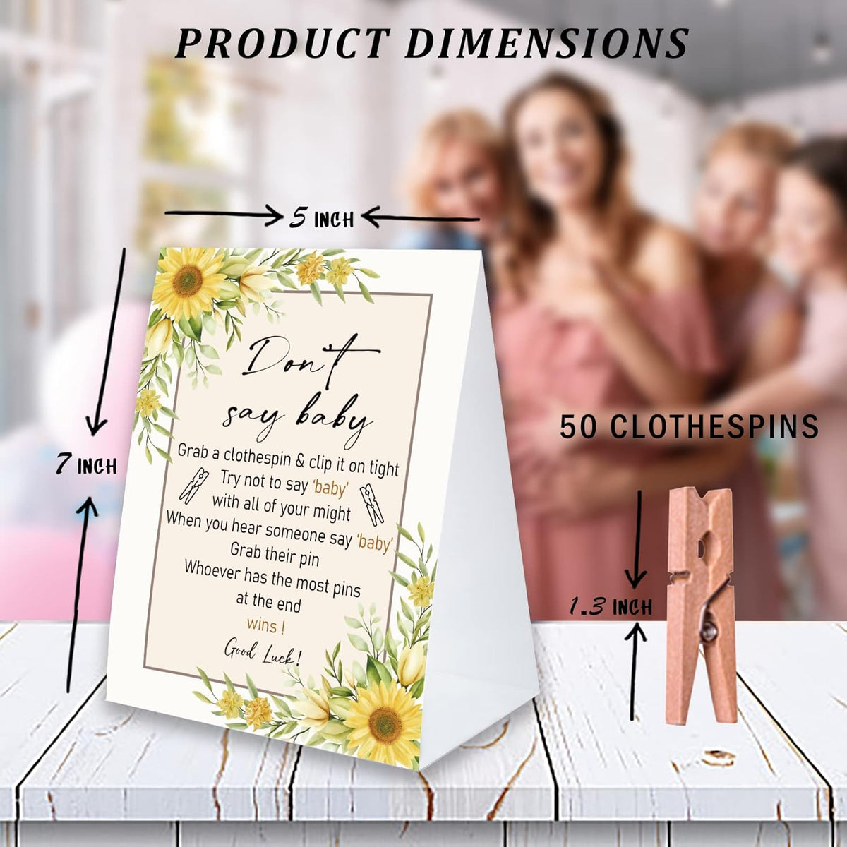 Don't Say Baby Game For Baby Shower Clothespin Game, One 5x7 Coated Paper Sign And 50 Natural Clothespins, Sunflower Theme, Gender Neutral -NDSBB11