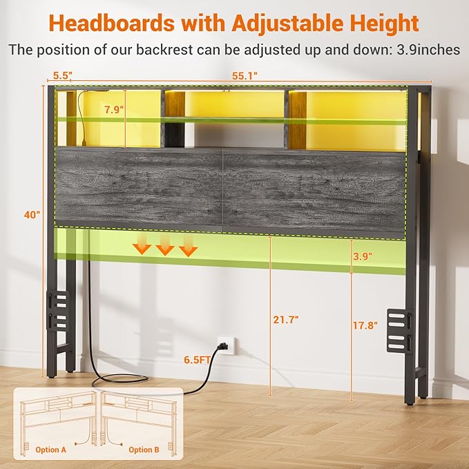 Aheaplus Headboard for Full Size Bed with Storage, Headboards with Outlets, USB Ports and LED Light, Full Size Head Board Only, Height Adjustable, Reversible, Sturdy and Stable Headboard, Black Oak