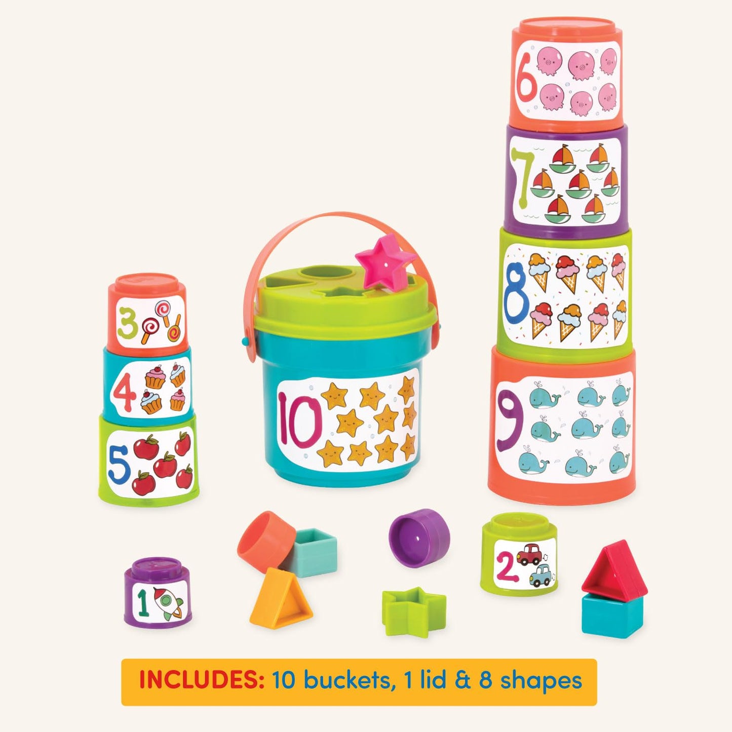 Battat – Nesting Sorter Set – 19 Pieces Stacking Bucket Sort Set – 10 Cups & 8 Shapes – Educational & Dexterity Toys – 18+ Months – Sort & Stack
