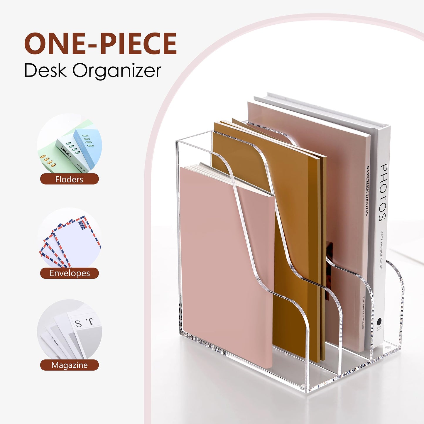 SANRUI Acrylic File Organizer, Compact Desk Organizer for Folders, Binders, Notebooks, Envelopes, Clear Magazine File Holder, 3 Section Bookshelf for School Home Office Organization, A4 Size