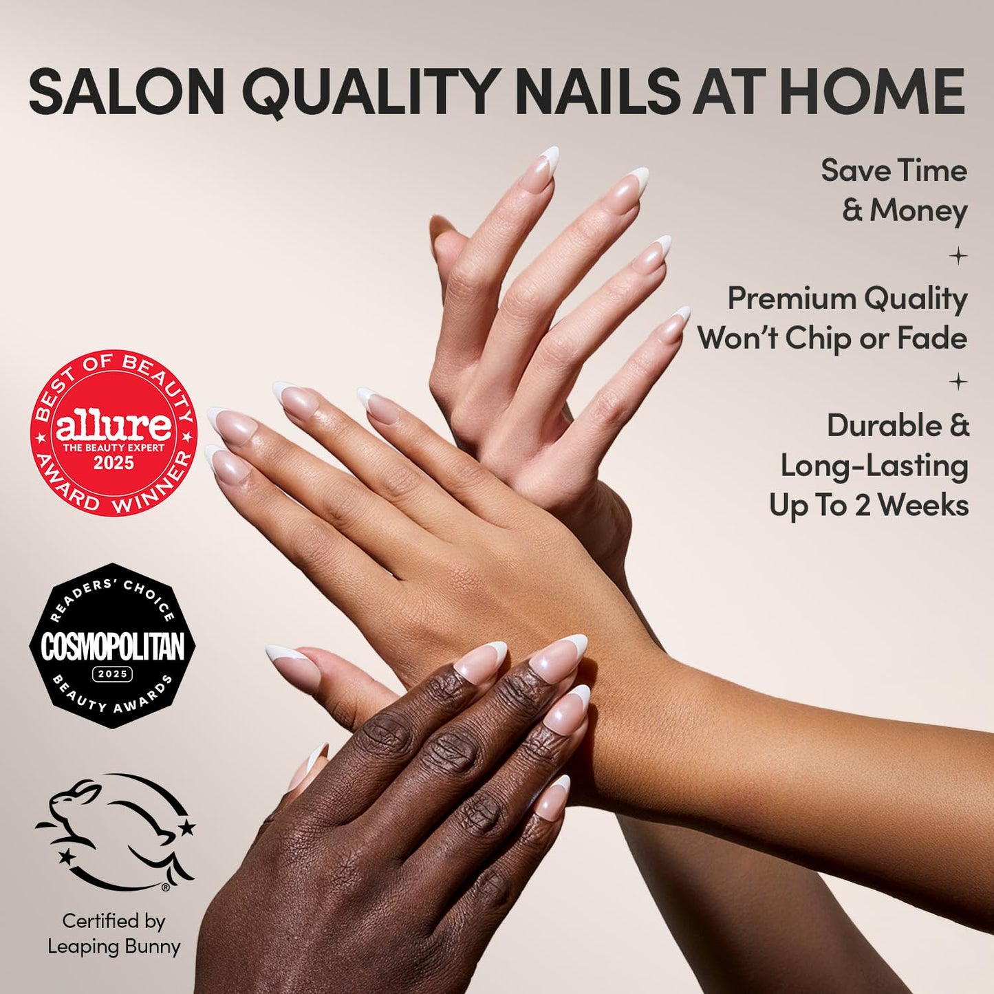 Glamnetic Press On Nails - Mrs. | Short Almond Fake Nails with French Tips and Glossy, Glazed Finish, Salon Quality | 15 Sizes - 30 Nail Kit with Glue