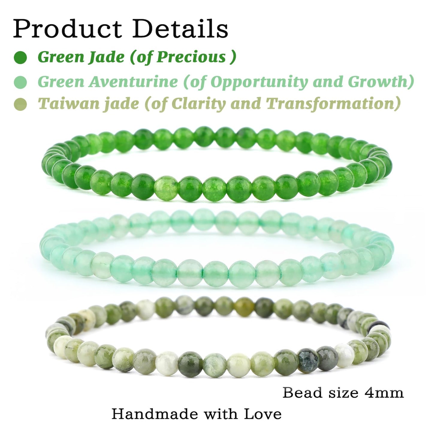 NCB 3-Piece 4mm Natural Crystal Gemstone Stretch Bracelets – ﻿Green Jade, Green Aventurine, Taiwan Jade Handmade Reiki Energy Healing Jewelry for Meditation,Yoga, Unisex