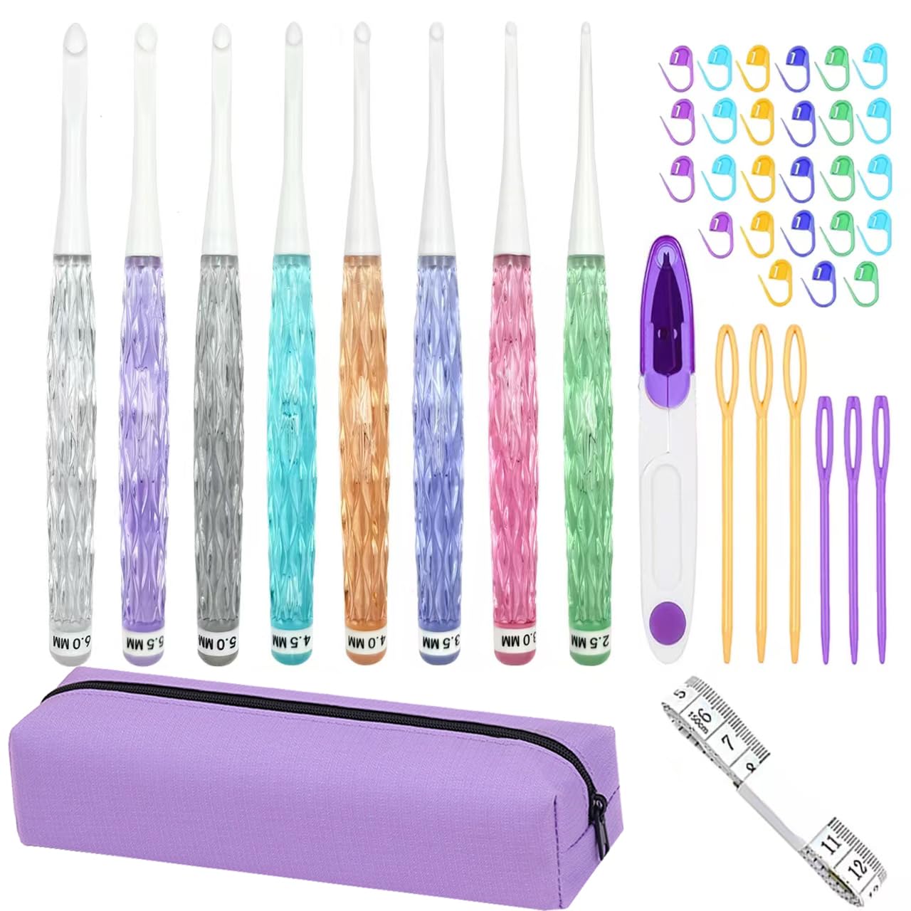 Hobekoee Inline Crochet Hooks Set,8PCS Plastic Crochet Hooks Long Crochet Hook Set with Case,Colorful Non-Slip Crochet Needles for Crocheting Yarn,Size 2.5mm-6mm