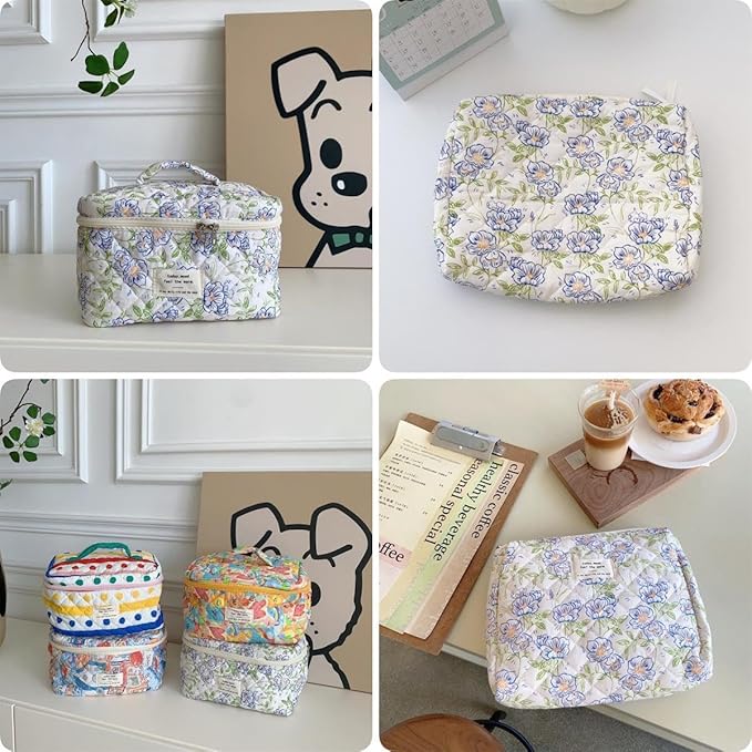 Makeup Bag Travel Essentials Quilted Cosmetic Toiletry Pouch Organizer Insert for Women Dorm Room Essential Gift Large Capacity Opening Lightweight Cute Aesthetic Portable 2PCS (Flower)