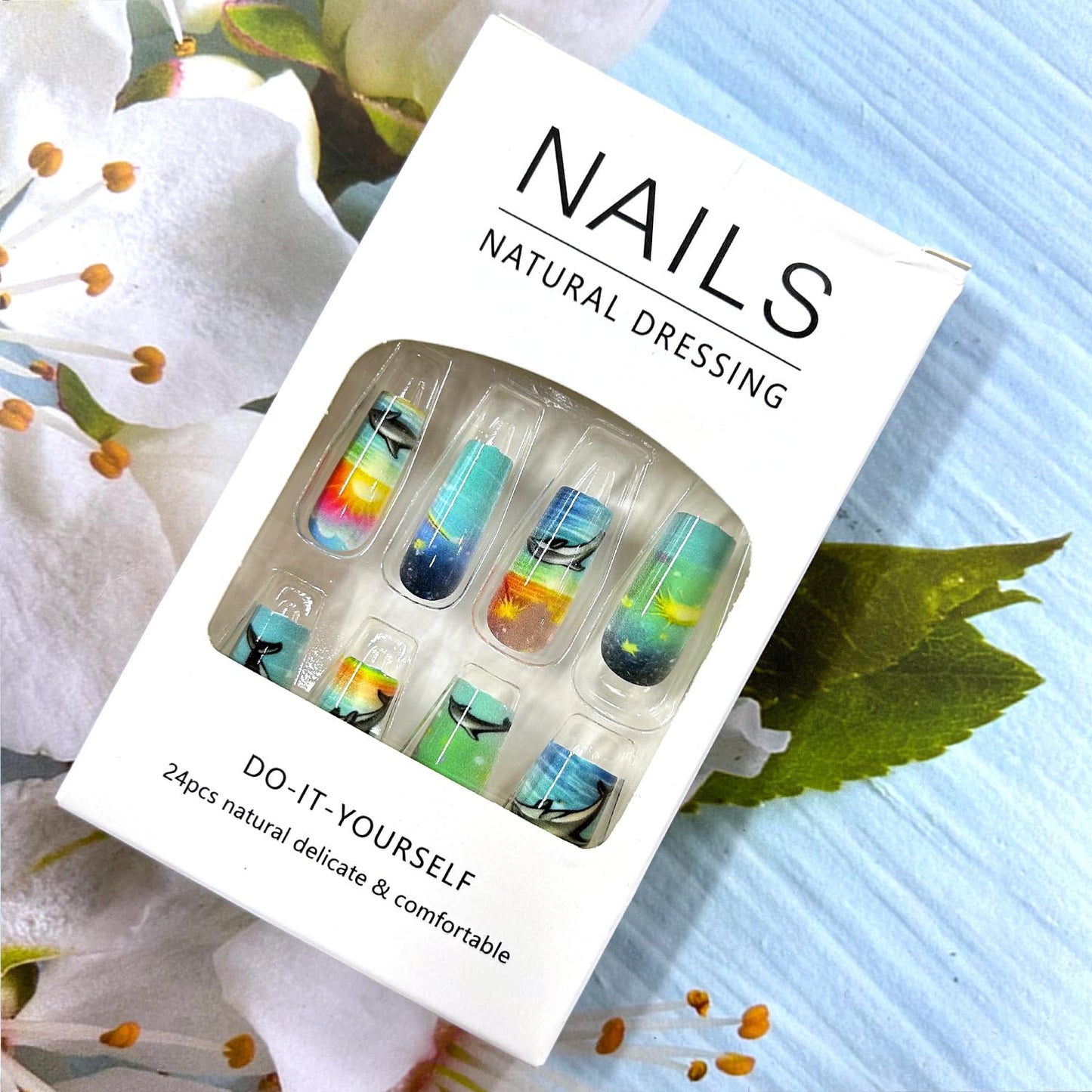Dolphin Press on Nails Medium Ballet Shaped Sunset Waves Pattern Design Beach Artificial Fingernails Full Cover Glossy Ocean Acrylic Fake Nail Medium Press Ons Stick on Nails for Women 24Pcs