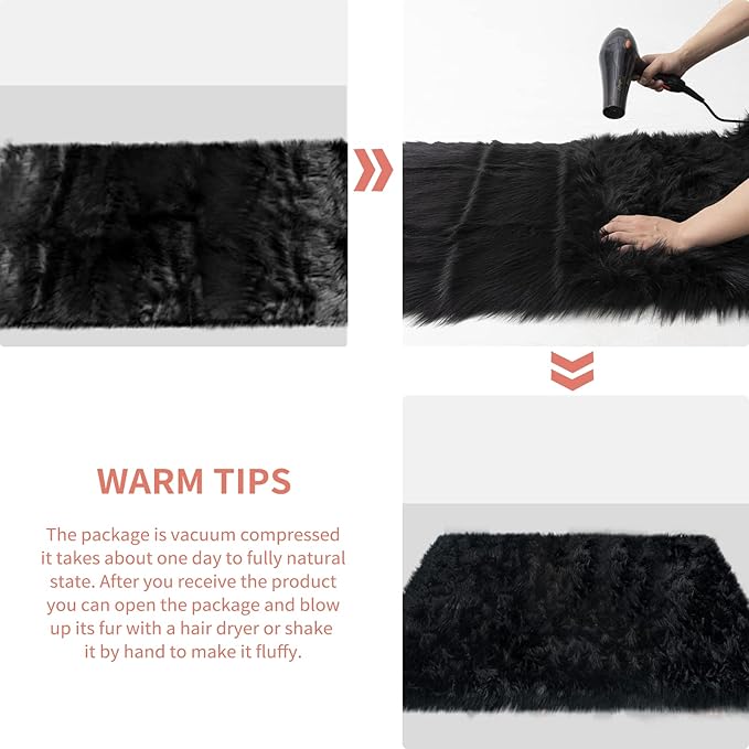 Ciicool Round Fur Fluffy Area Rug for BedroomRound Fur Fluffy Area Rug for Bedroom, Black Faux Fur Rugs Furry Circle Rug