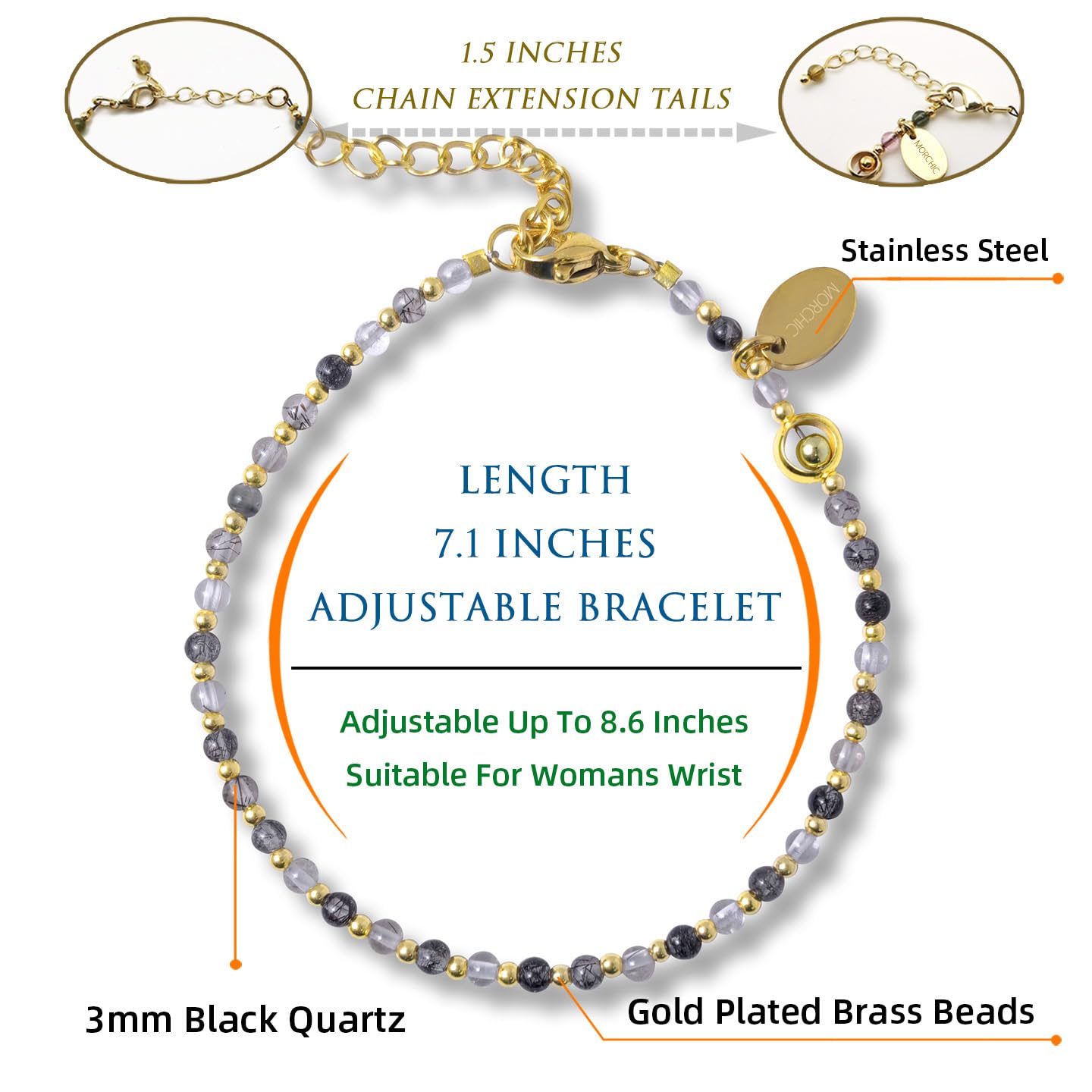 Morchic 3mm Black Rutilated Quartz Tiny Beads Bracelet for Women, Adjustable 7.1" Dainty Handmade Energy Gem Jewelry, Birthday Gift