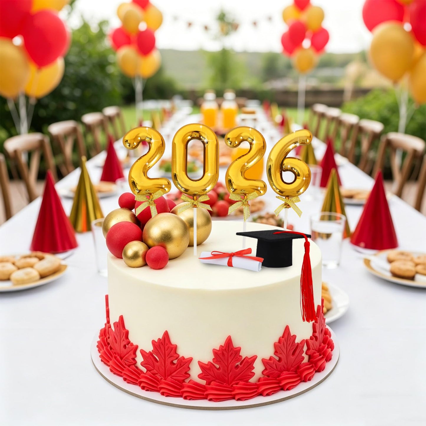 BEISHIDA Graduation Cake Toppers - 2026 Graduation Cupcake Congrats Grad Cake Decorations with Cap Diploma Balls for 2026 High School College Party Supplies（Red Gold）