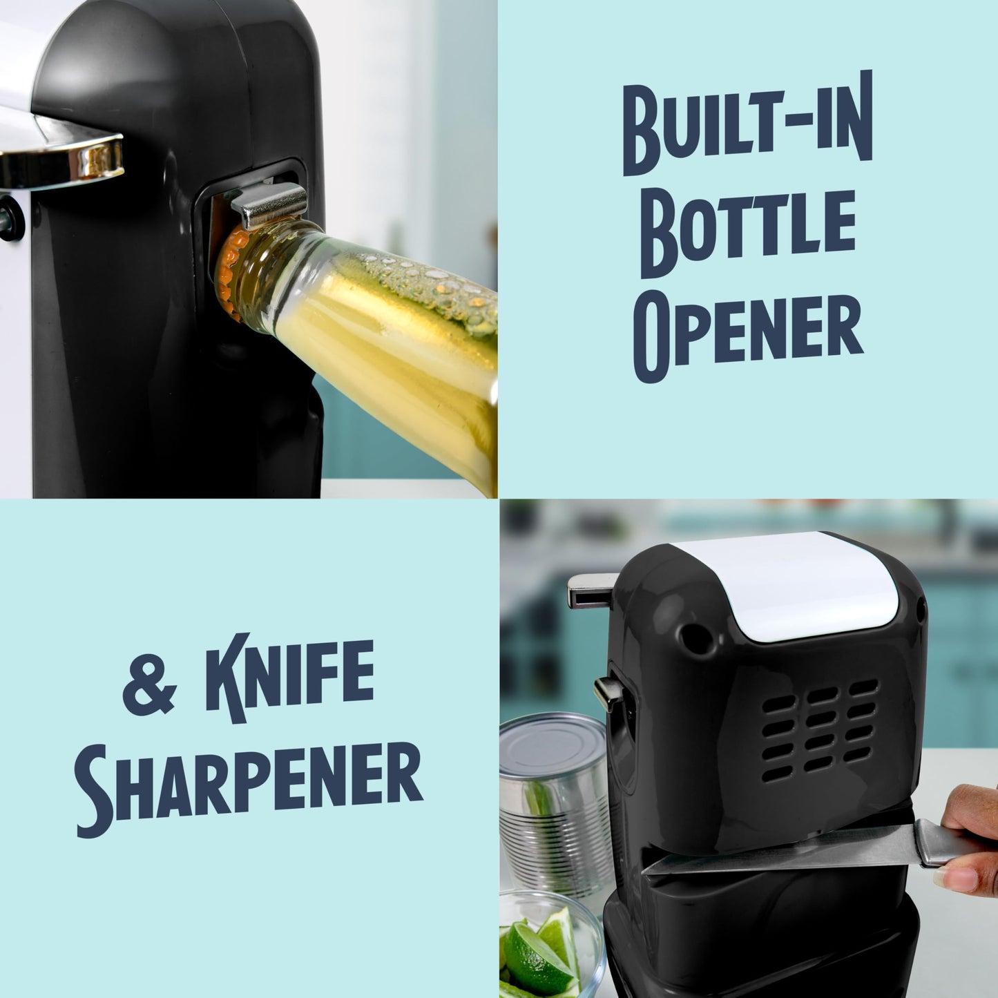 Nostalgia Retro Electric Can Opener for Kitchen with Magnetic Lid Remover, Knife Sharpener, and Soda or Beer Bottle Opener, Black