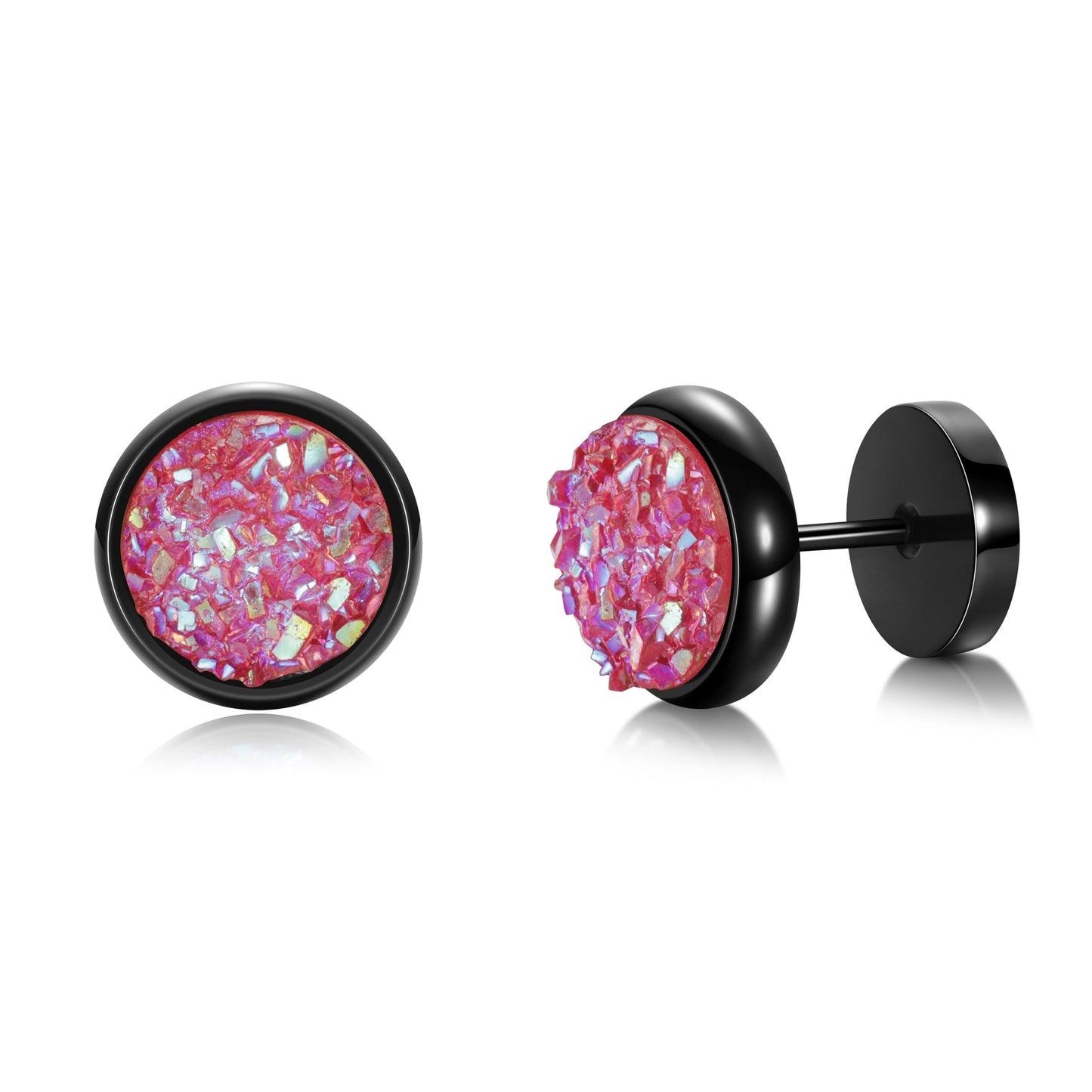 Titanium Screw Flat Back Earrings Glitter Cheater Studs Big Barbell Dot Disc Hypoallergenic, Titanium, pink druzy