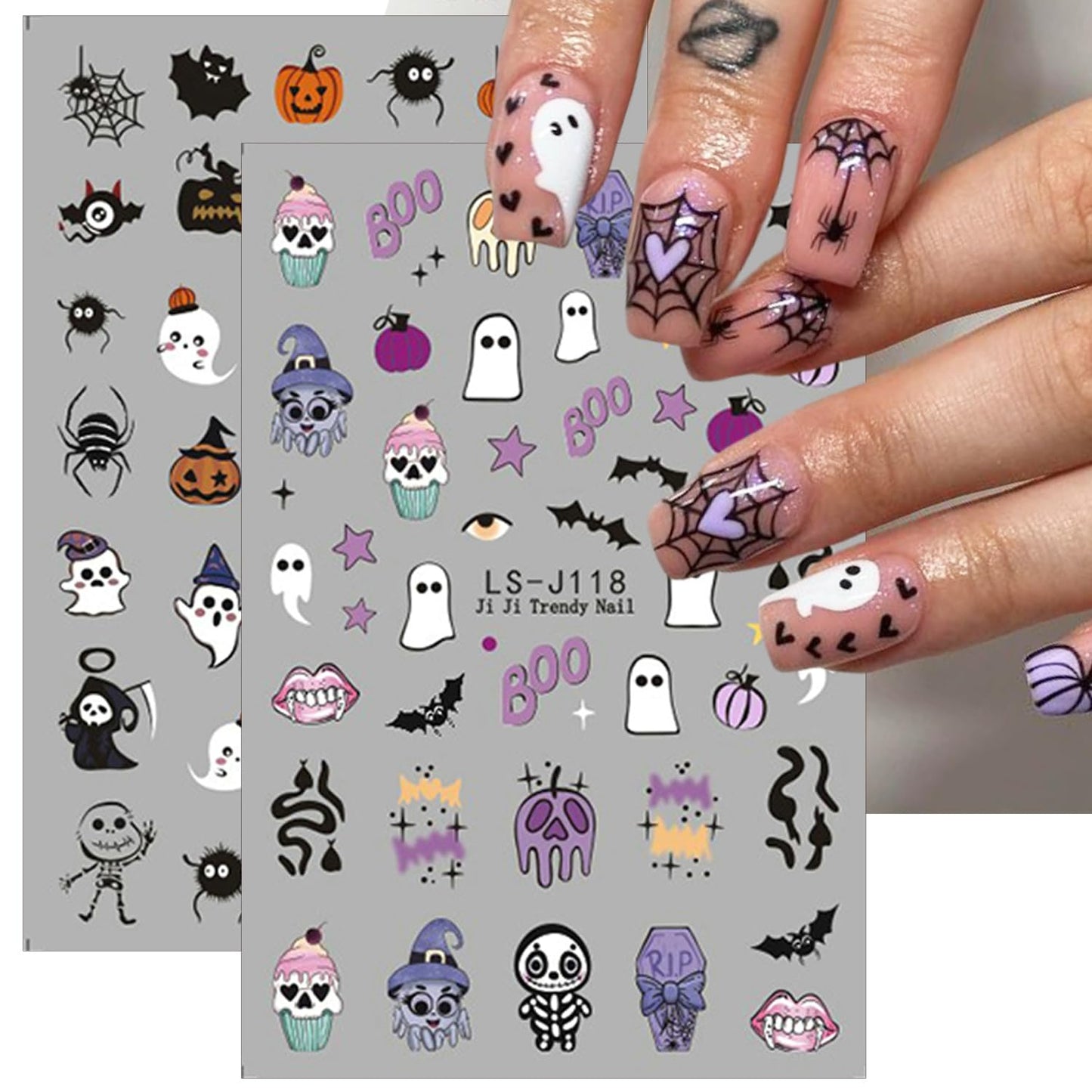 Halloween Nail Stickers for Nail Art, 6 Sheets Halloween Nail Art Stickers Cute Pumpkin Spider Ghost Nail Decals 3D Self-Adhesive Skull Cat Spider Web Nail Designs Charms for Women Manicure Decoration