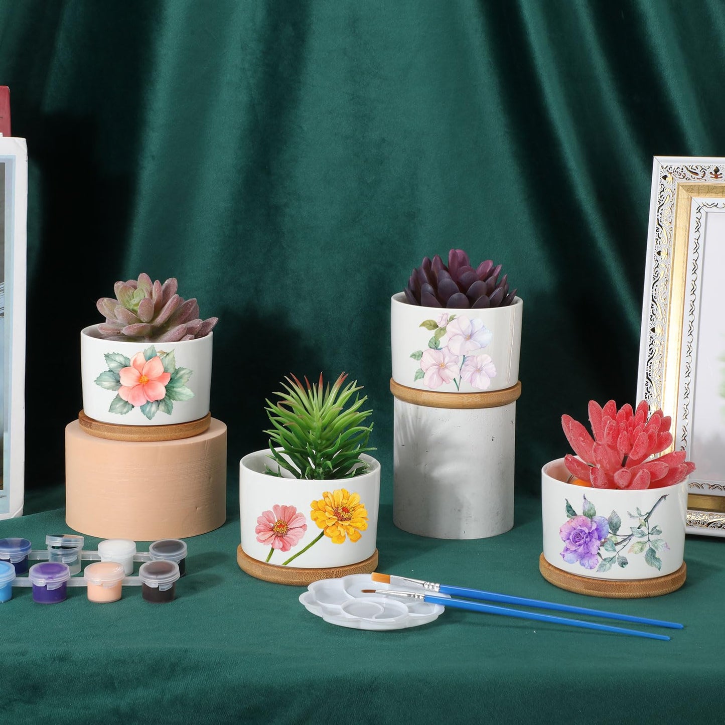 SiliFine 12 Sets DIY Ceramic Succulent Pots Painted Ceramic Flower Pots with Drainage Holes, Paints, Brushes, Palettes, Trays for DIY Event Adults Craft Birthday Gifts