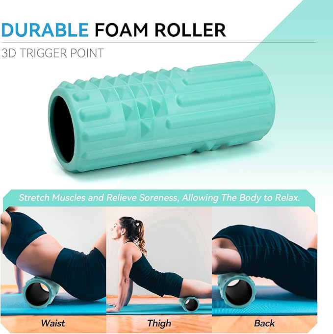 5 in 1 Foam Roller Set, Trigger Point Massage, Muscle Roller Stick, Massage Ball, Resistance Band for Deep Tissue Fitness Exercise Yoga Pilates (Tiffany Green)