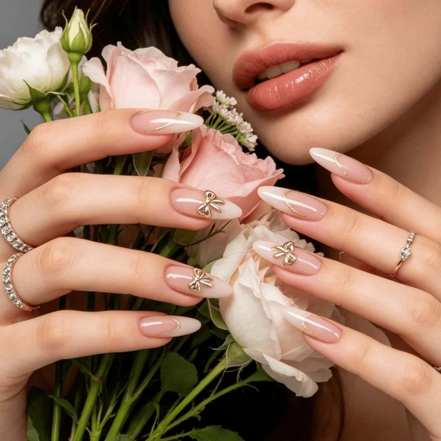 Medium Almond Press on Nails Gold French Tip Fake Nails Nude with Gold Foil Design Glossy Acrylic Glue on Nails Reusable Artificial Nail Full Cover Sticker on Nails for Women 24 Pcs