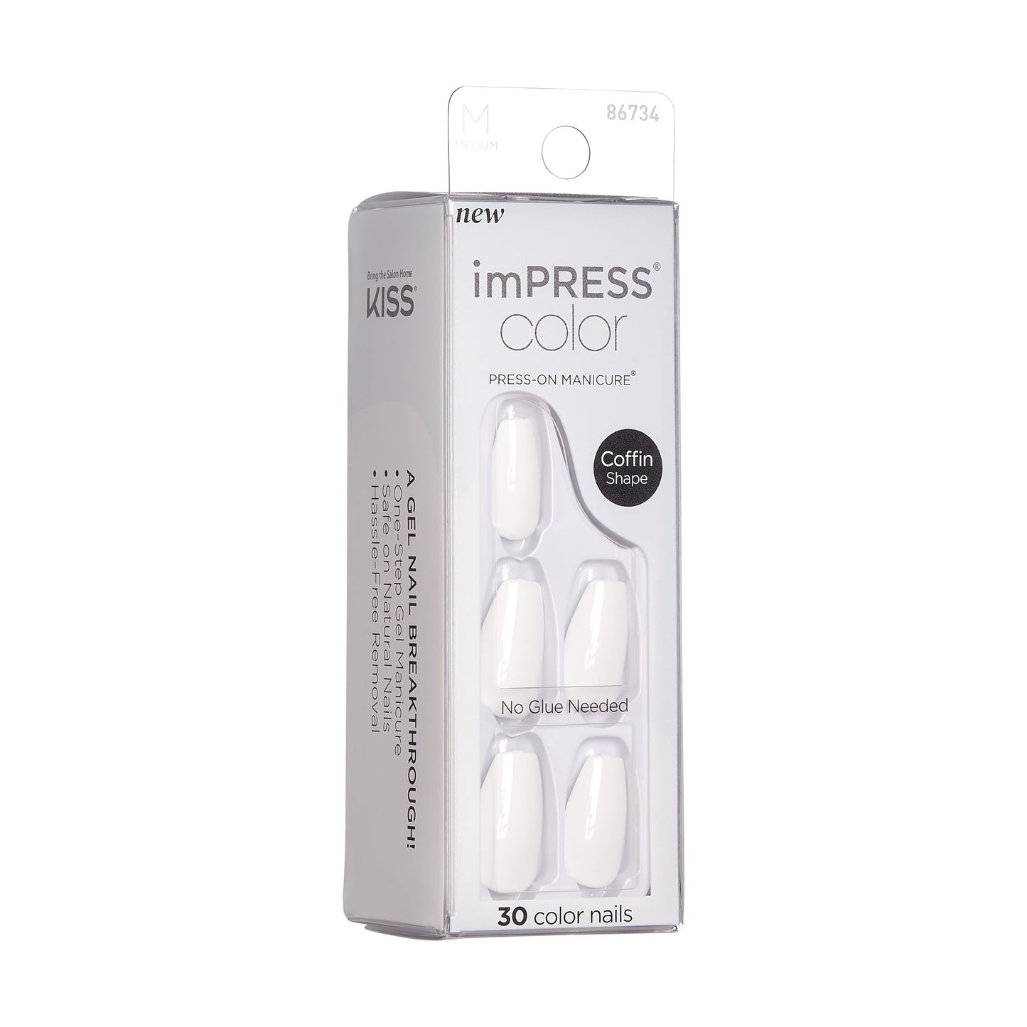 KISS imPRESS No Glue Mani Press On Nails, Color, 'Frosting', white, Medium Size, Coffin Shape, Includes 30 Nails, Prep Pad, Instructions Sheet, 1 Manicure Stick, 1 Mini File (Pack of 2)