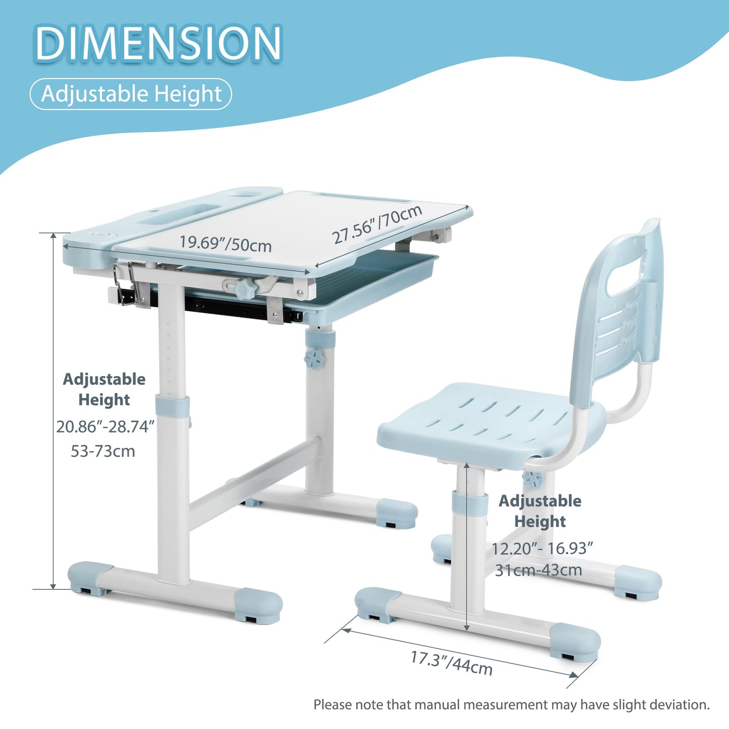 Rengue Kids Desk and Chair Set, Height Adjustable Children School Functional Study Desk with 55° Tiltable Desktop, 3 Modes & Brightness LED Light, Storage Drawer & Metal Hook for Boys Girls (Blue)