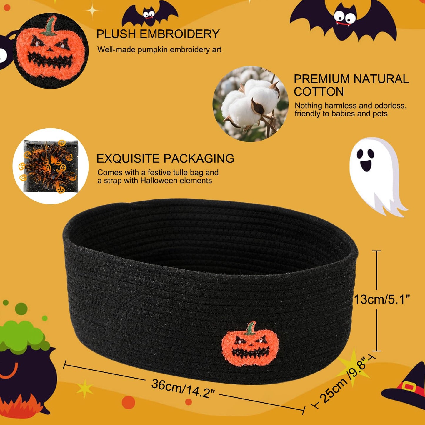 Halloween Basket Gift Baskets Empty with Decor Ribbons, Woven Rope Pumpkin Candy Baskets with Festive Tulle Bag Set for Halloween Party Supplies Favors, Toy Storage Basket for Baby and Pet 14.2" L x 9.8" W x 5.1" H