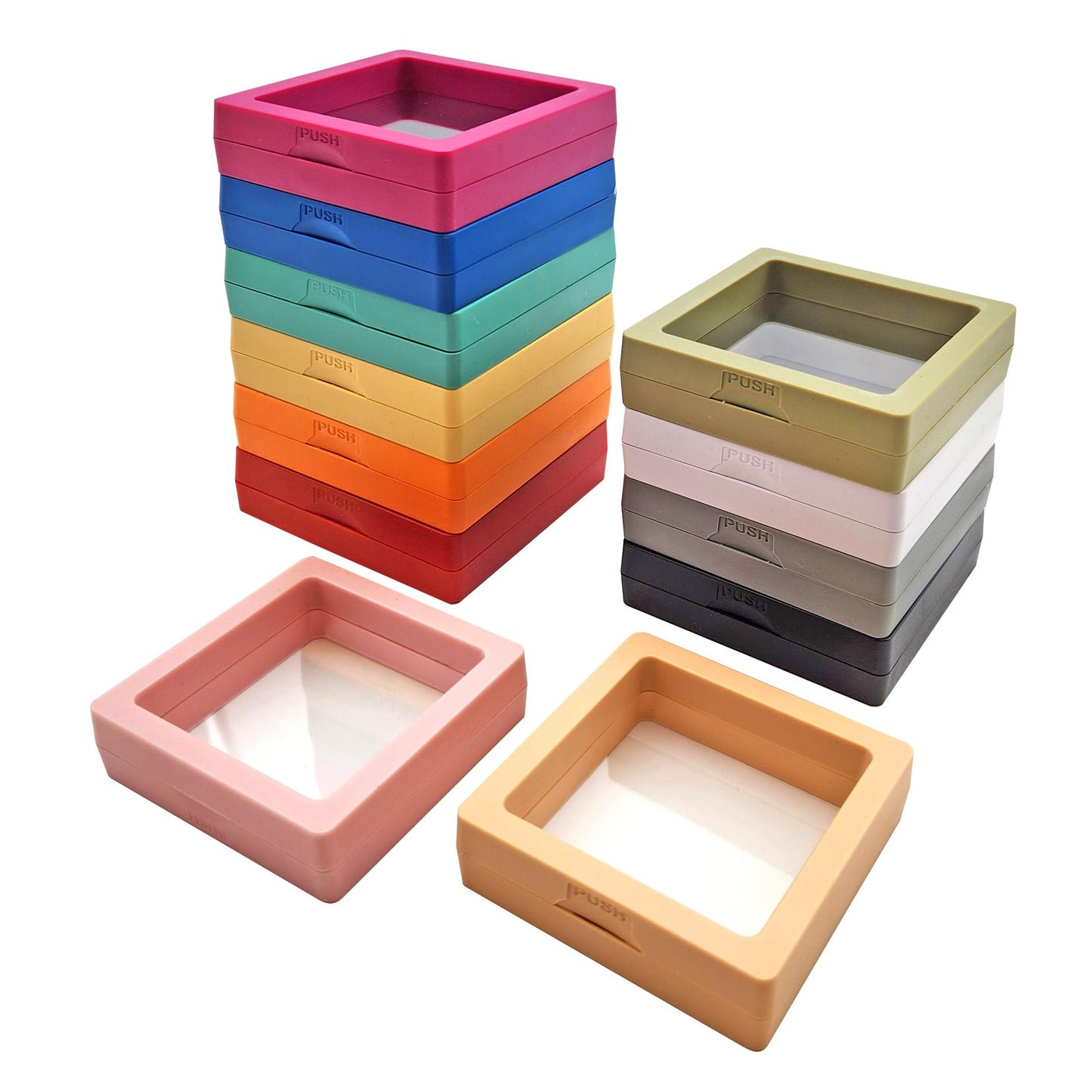 ITUTOO 12PCS 3D Floating Frame Display Stand, Jewelry Case, Gift Box, Ornament Organizer, Small Travel Jewelry Box, PE Film Anti-Oxidation, Suspended Display Box Stackable (Mixed color, 2.76 * 2.76)
