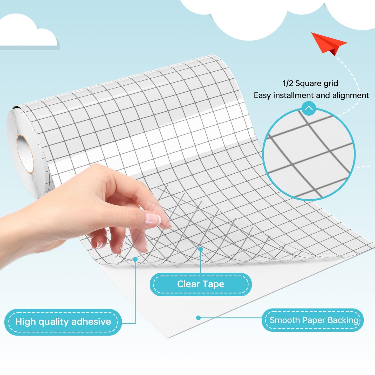 LIKCUT Clear Vinyl Transfer Paper Tape Roll - Medium Tack Gray Grid for Crafting, Compatible Glee S501 for Decals, Signs, Windows & Stickers (5.5in x 50ft)