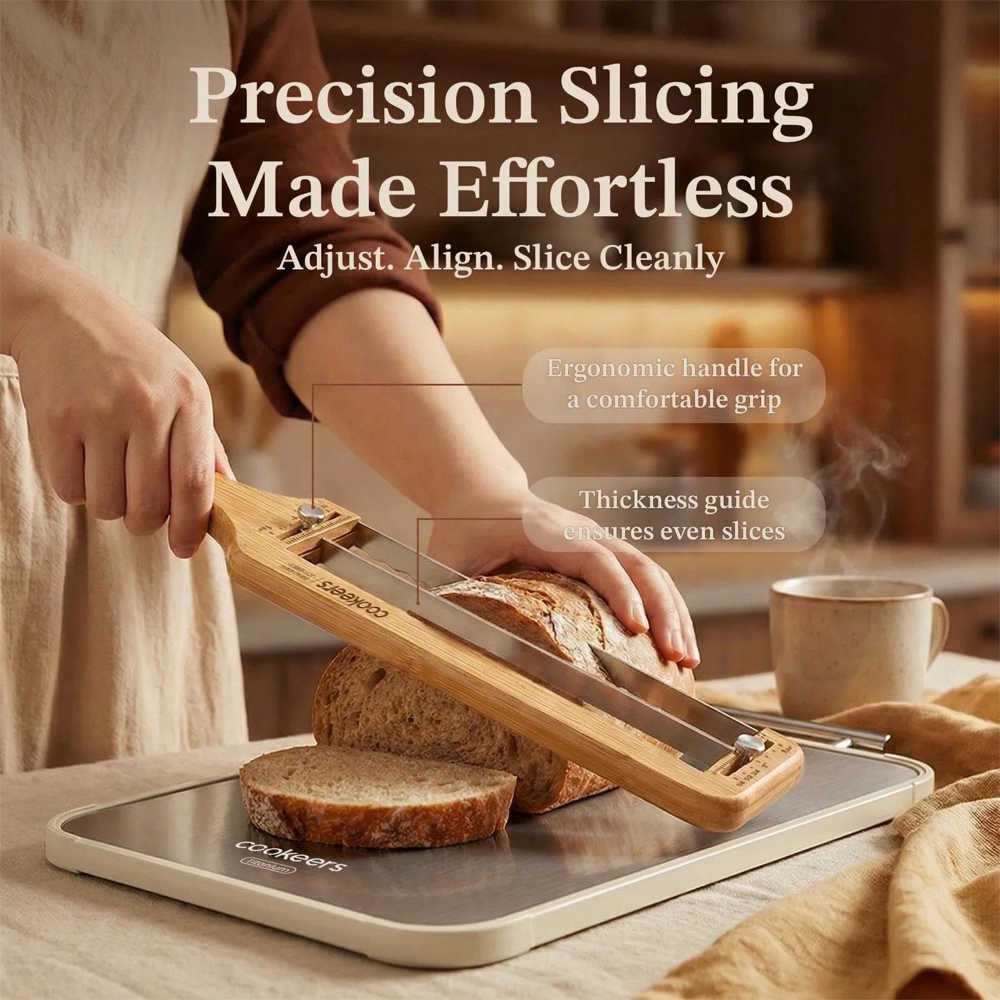 COOKEERS Adjustable Sourdough Bow Bread Knife – Large Bread Slicer for Homemade Bread with Serrated Stainless Steel Blade&Precision Thickness Guide, Even Slice Cutter for Baguettes, Bagels.