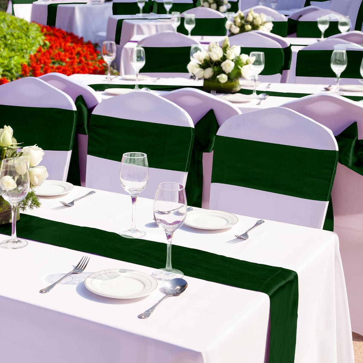Aneco 12 Pack Satin Table Runner 12 x 108 Inch Forest Green Long Wedding Satin Silk Table Runner for Wedding Banquet Graduations Birthday Party Decoration