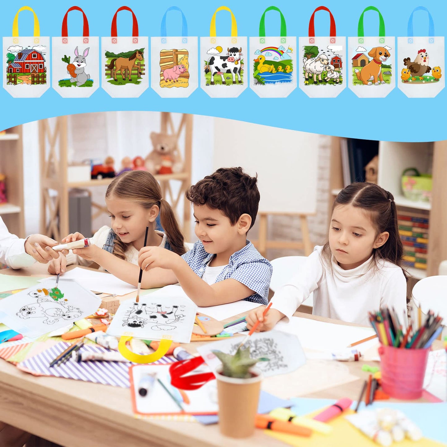 Kacctyen 45 Pcs Farm Animals Color Your Own Goodie Bags Craft Bulk Reusable Coloring Art Party Favor Paint Graffiti Bags for Farm Theme Barnyard Birthday, 9 Styles