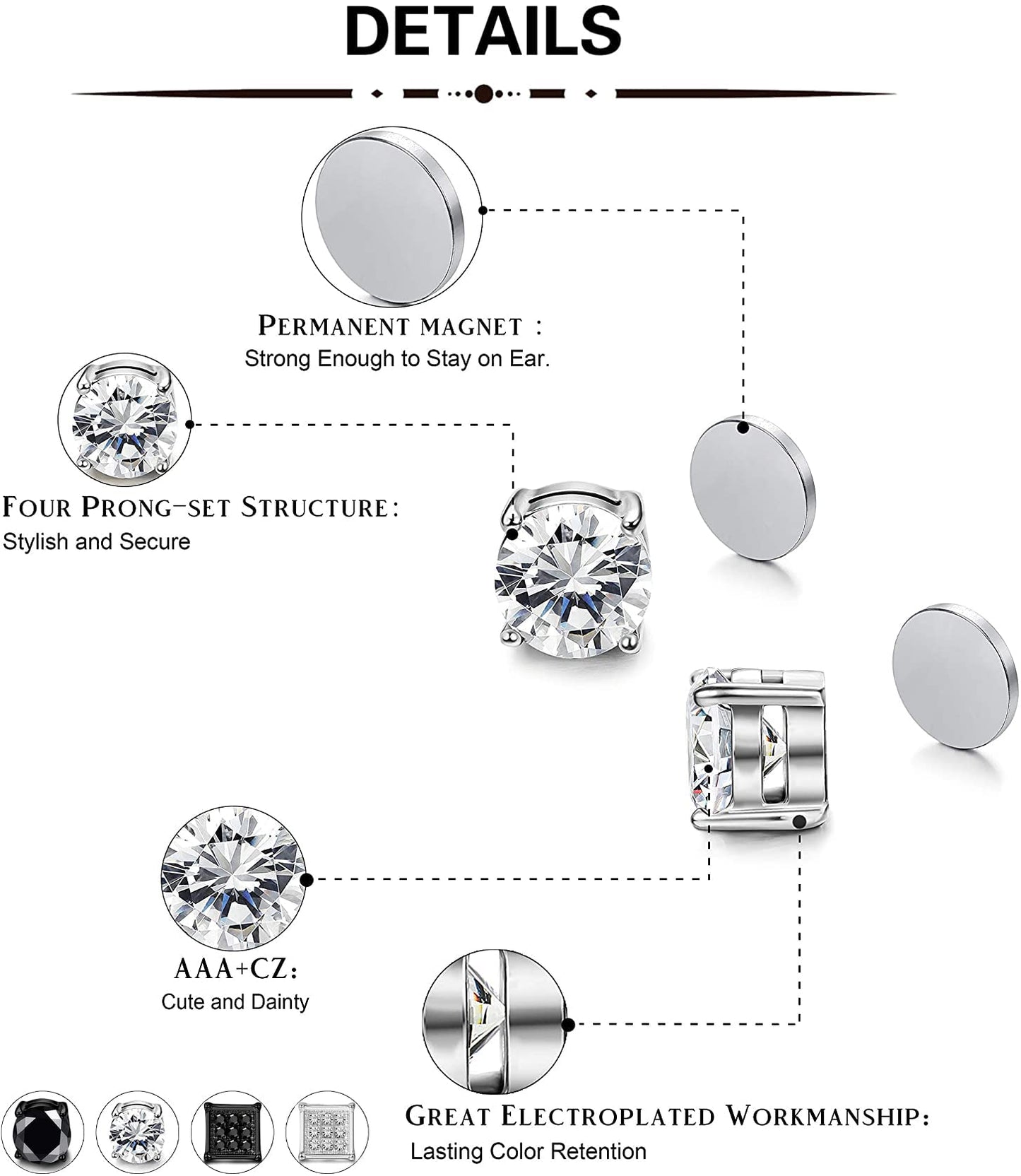 SIISPRI 4 Pairs Stainless Steel Magnetic Stud Earrings for Men Women Non Piercing Clip on CZ Earrings 6MM (4 Pairs a Set,6MMBlack + Silver) (black + silver)