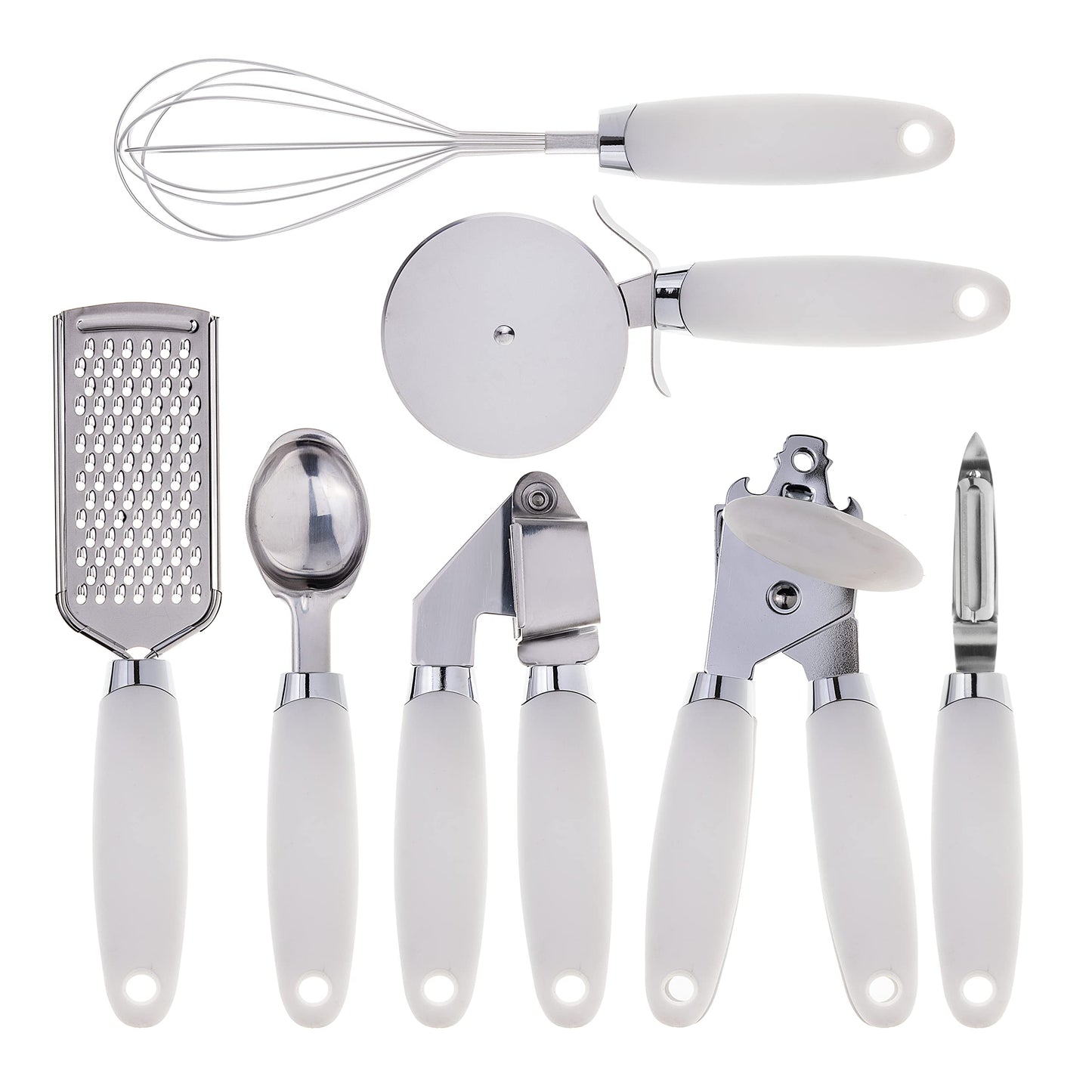 COOK WITH COLOR Kitchen Gadget Set Stainless Steel Utensils with Soft Touch Handles, 7 Pieces, Stainless Steel White