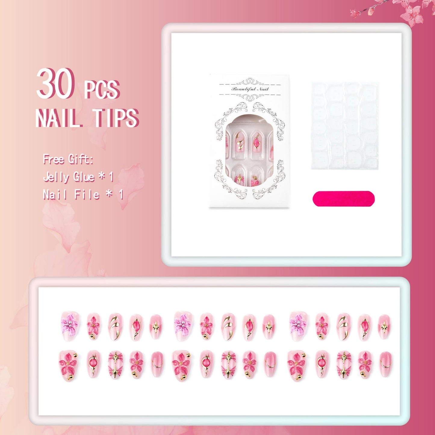 Almond Press on Nails Medium Fake Nails Pink Acrylic Nail Press Ons Seeneey Purple Floral and Gold Charm Designs Beach Stick on Nail for Women 30pcs