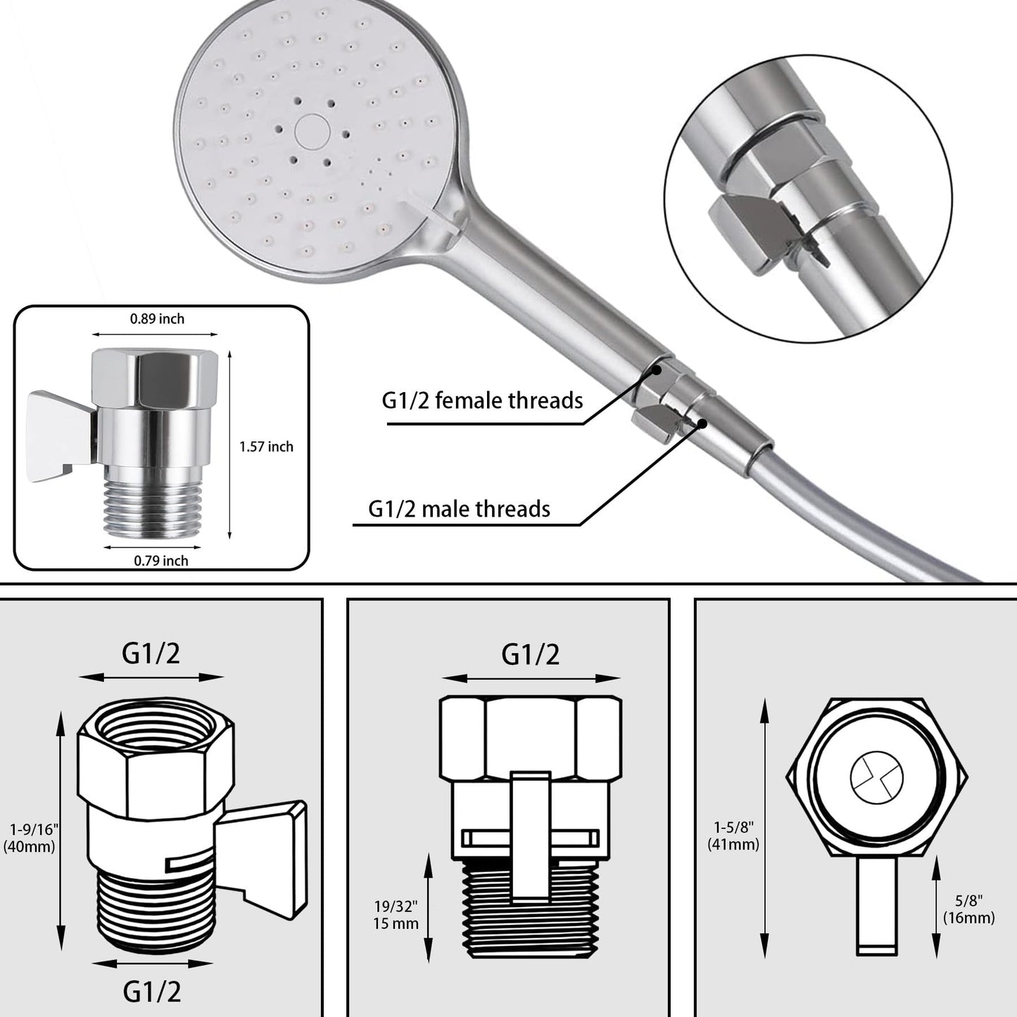 Hsmhose Shower Shut Off Valve, Shower Flow Control Valve,Soild Brass Flow Pressure Regulator for Handheld Shower Head G1/2 Chrome
