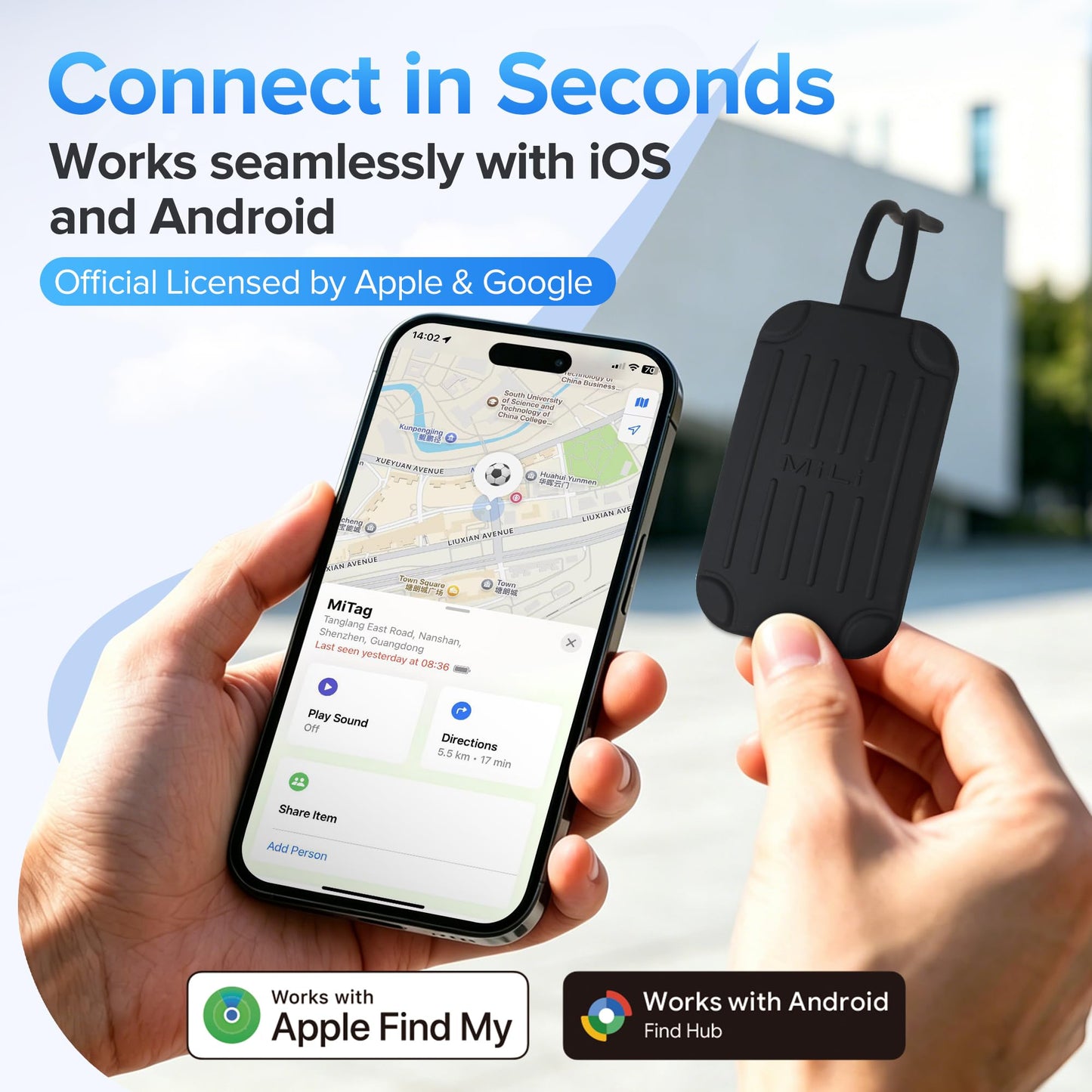 MiLi Silicone Luggage Tag Tracker, Dual System (iOS/Android) Locator for Suitcase, Travel Bags, Carry-On, Backpacks, Compatible with iOS Find My and Google Find Hub App, Black